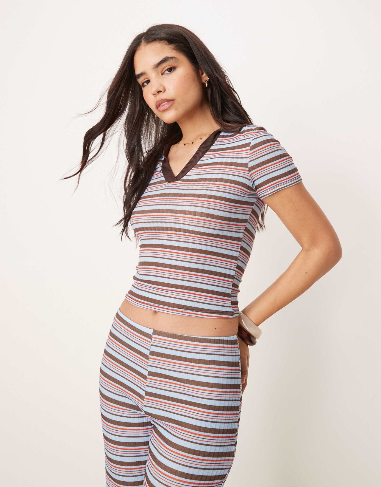 ASOS DESIGN shrunken rugby collar polo top co-ord in blue and brown stripe