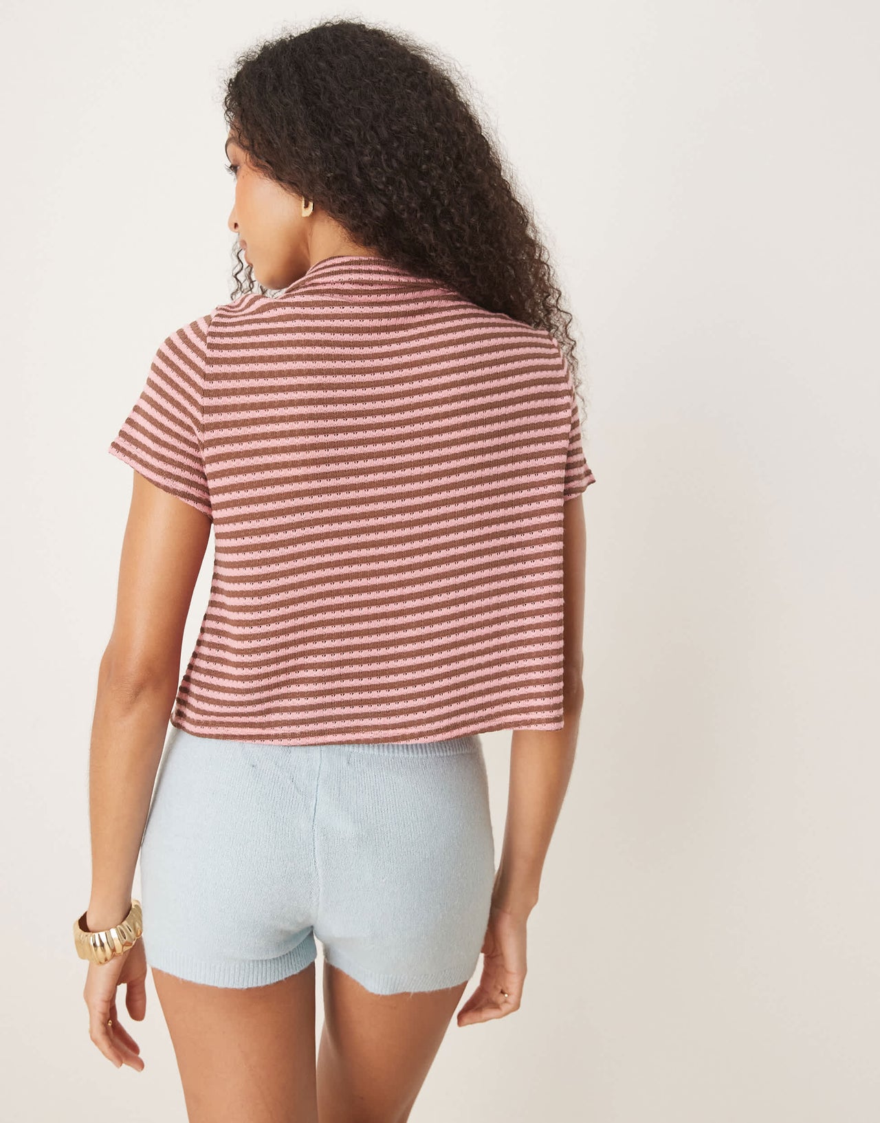 ASOS DESIGN knitted short sleeve cardigan in pink and brown stripe