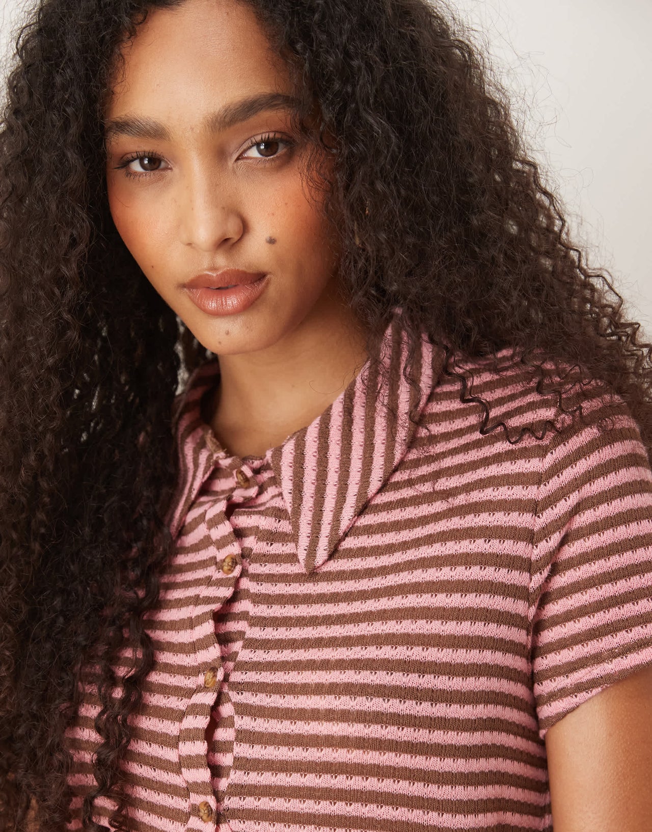 ASOS DESIGN knitted short sleeve cardigan in pink and brown stripe
