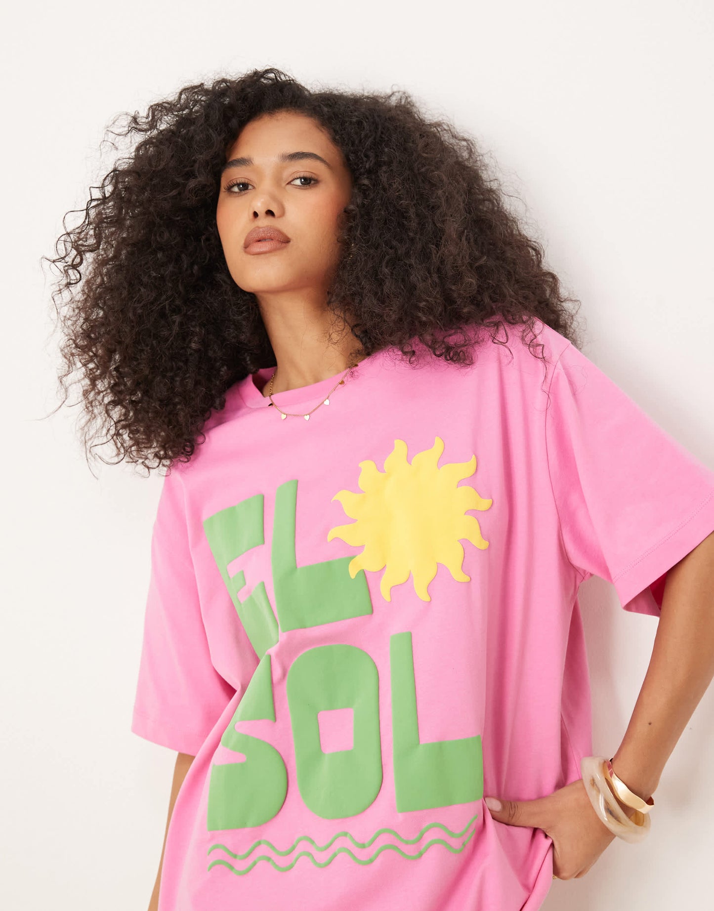 ASOS DESIGN oversized t-shirt with el sol sun puff print in pink
