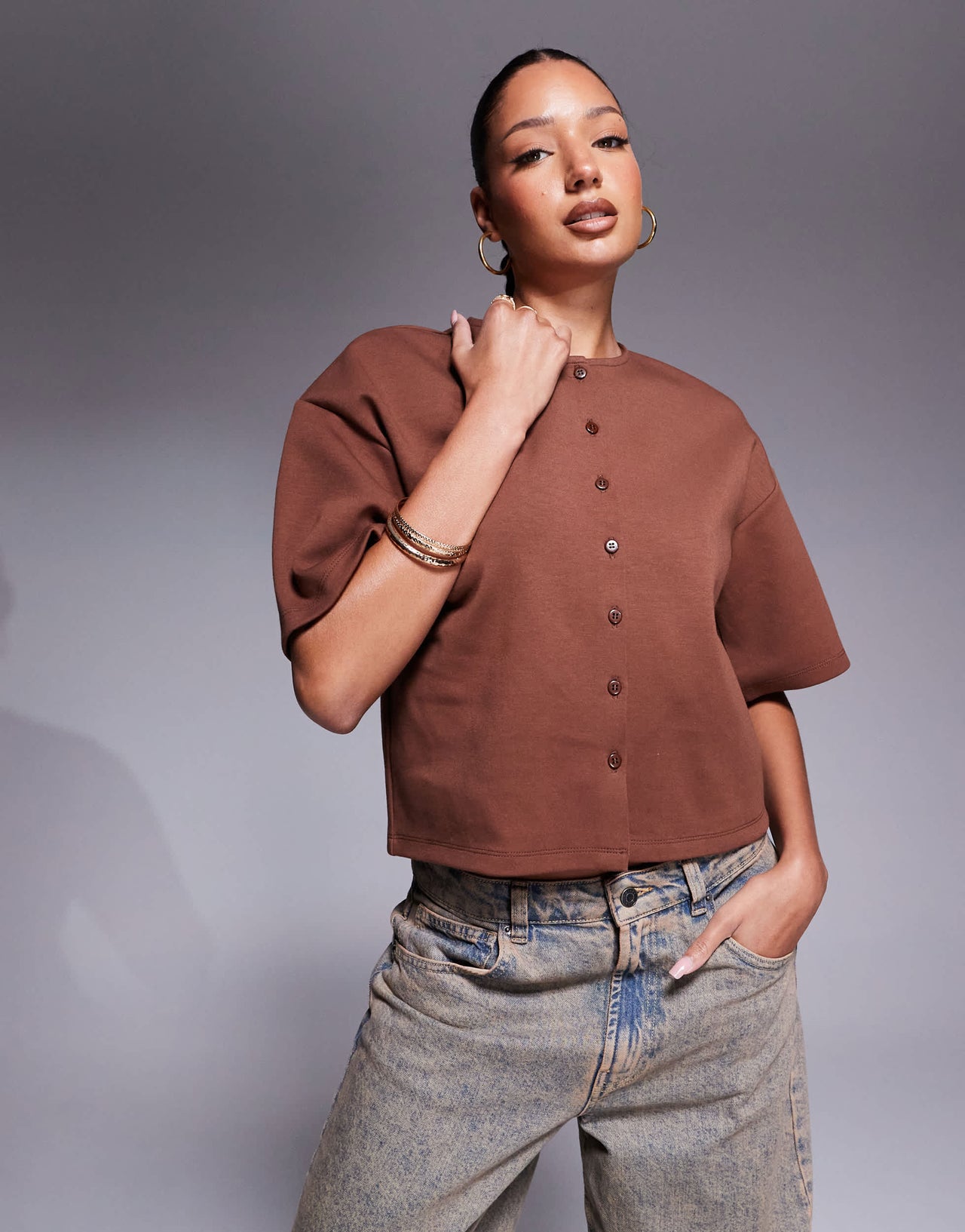 ASOS DESIGN interlock boxy shirt with button through detail in brown