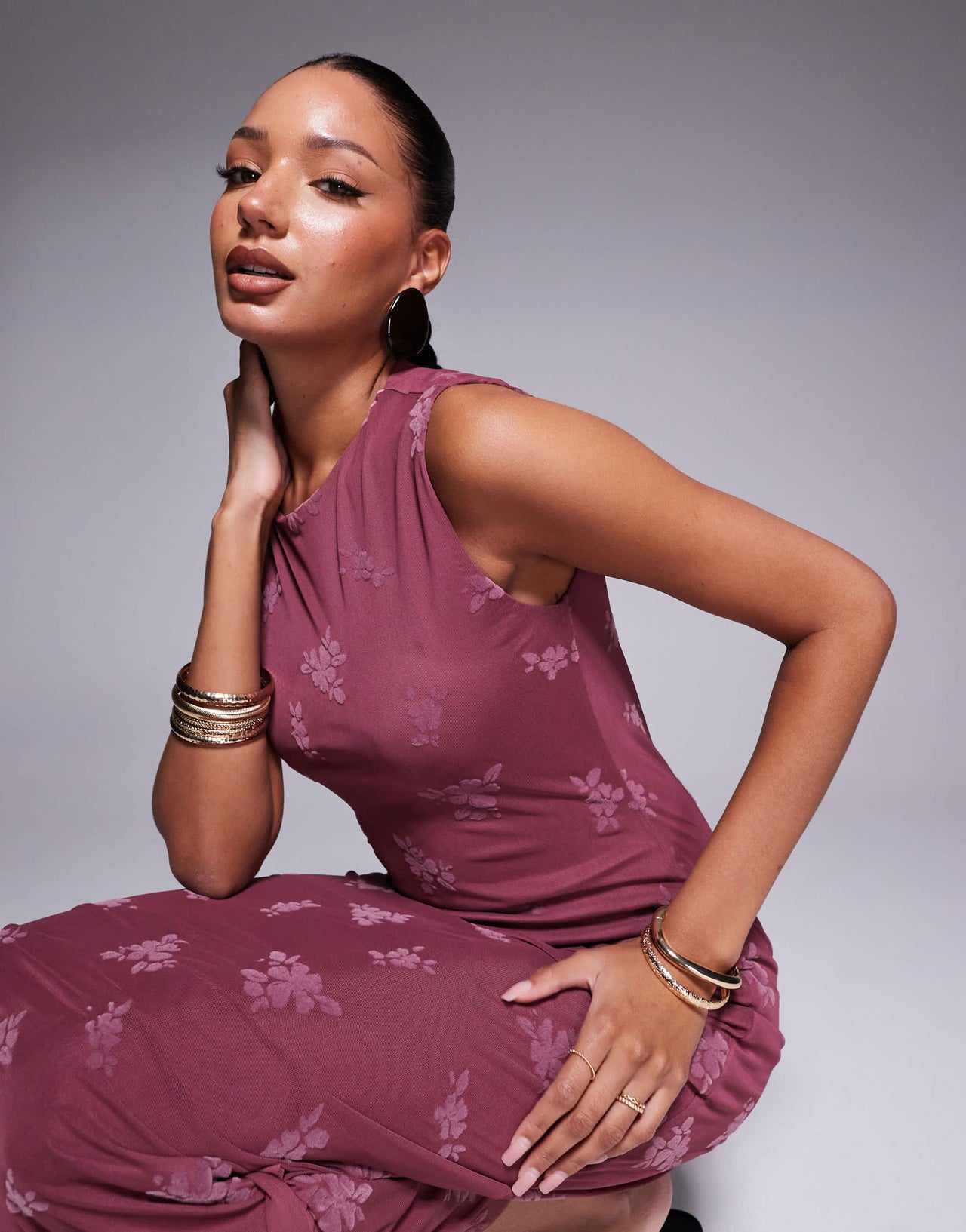 ASOS DESIGN maxi burn out floral  grown on neck column dress in dusky pink