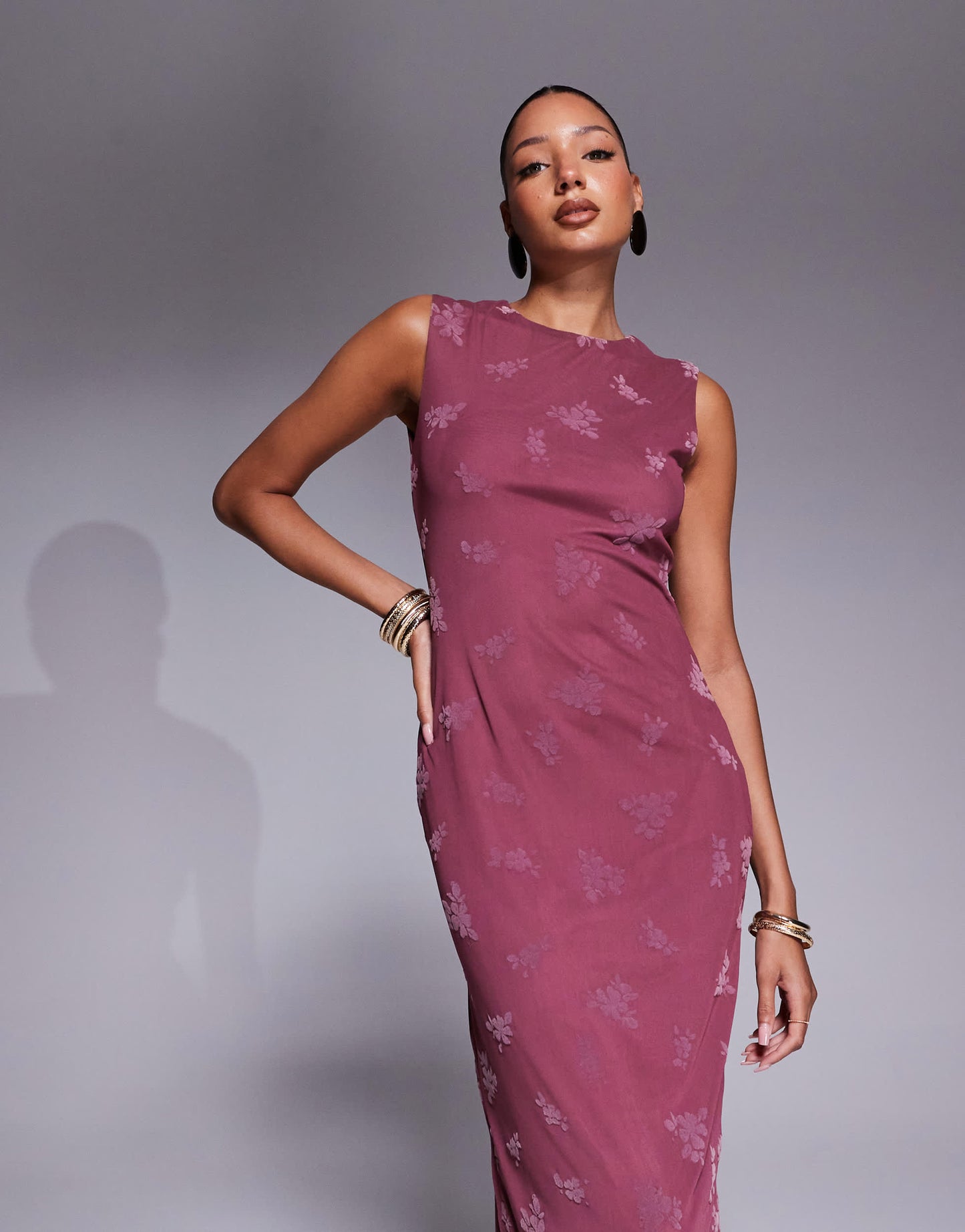 ASOS DESIGN maxi burn out floral  grown on neck column dress in dusky pink