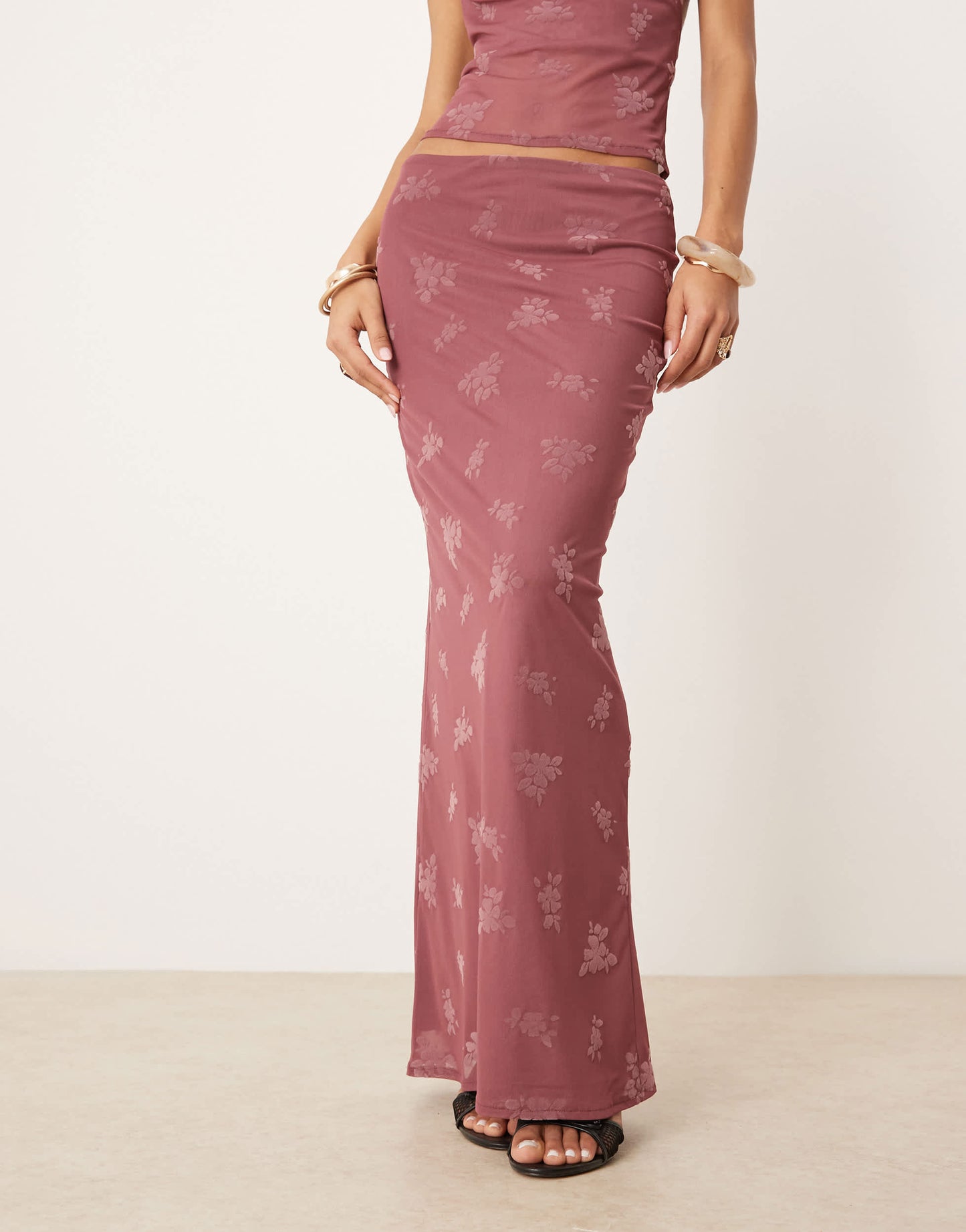ASOS DESIGN burn out floral maxi column skirt in dusky pink