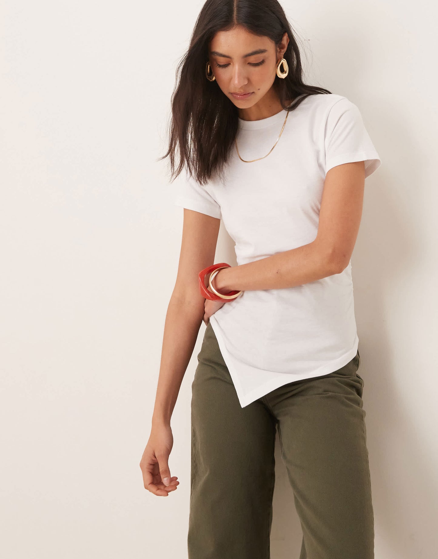 ASOS DESIGN ruched side asymmetric t-shirt in white