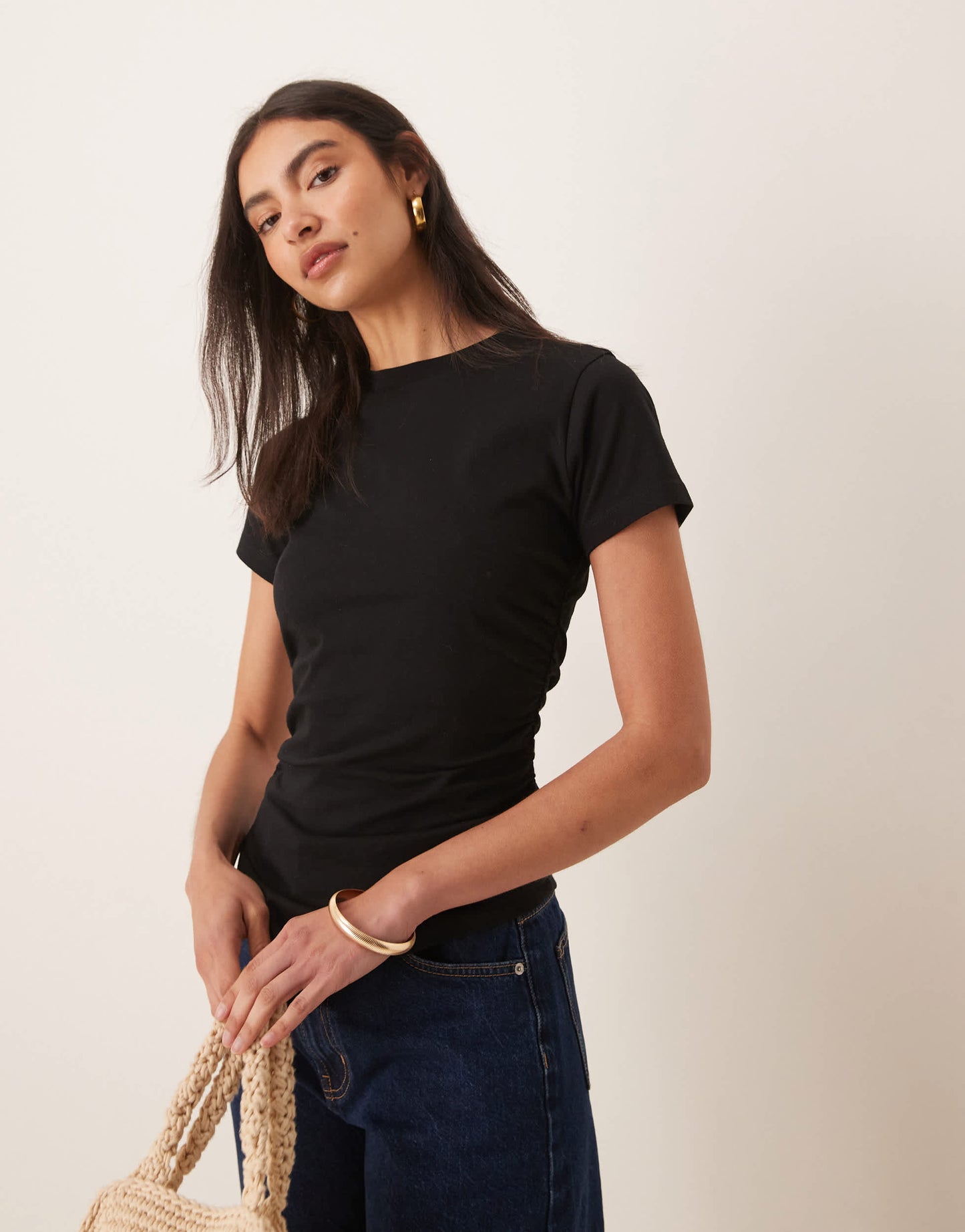 ASOS DESIGN ruched side asymmetric t-shirt in black