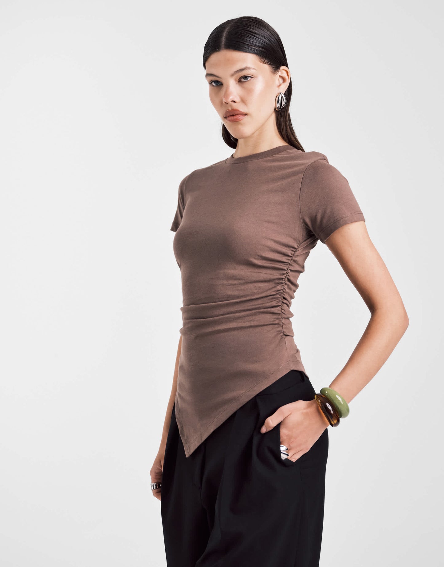 ASOS DESIGN ruched side asymmetric t-shirt in chocolate
