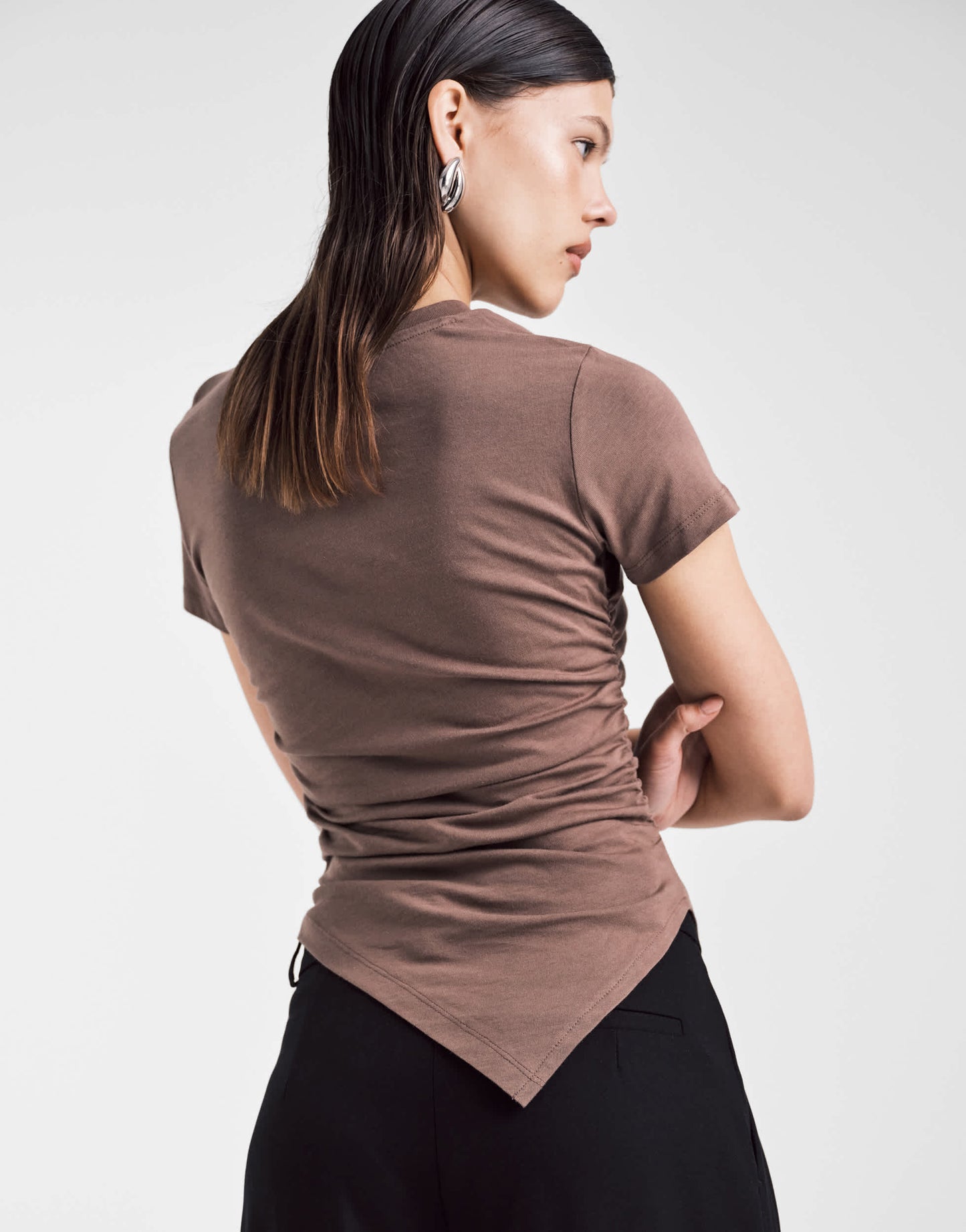 ASOS DESIGN ruched side asymmetric t-shirt in chocolate