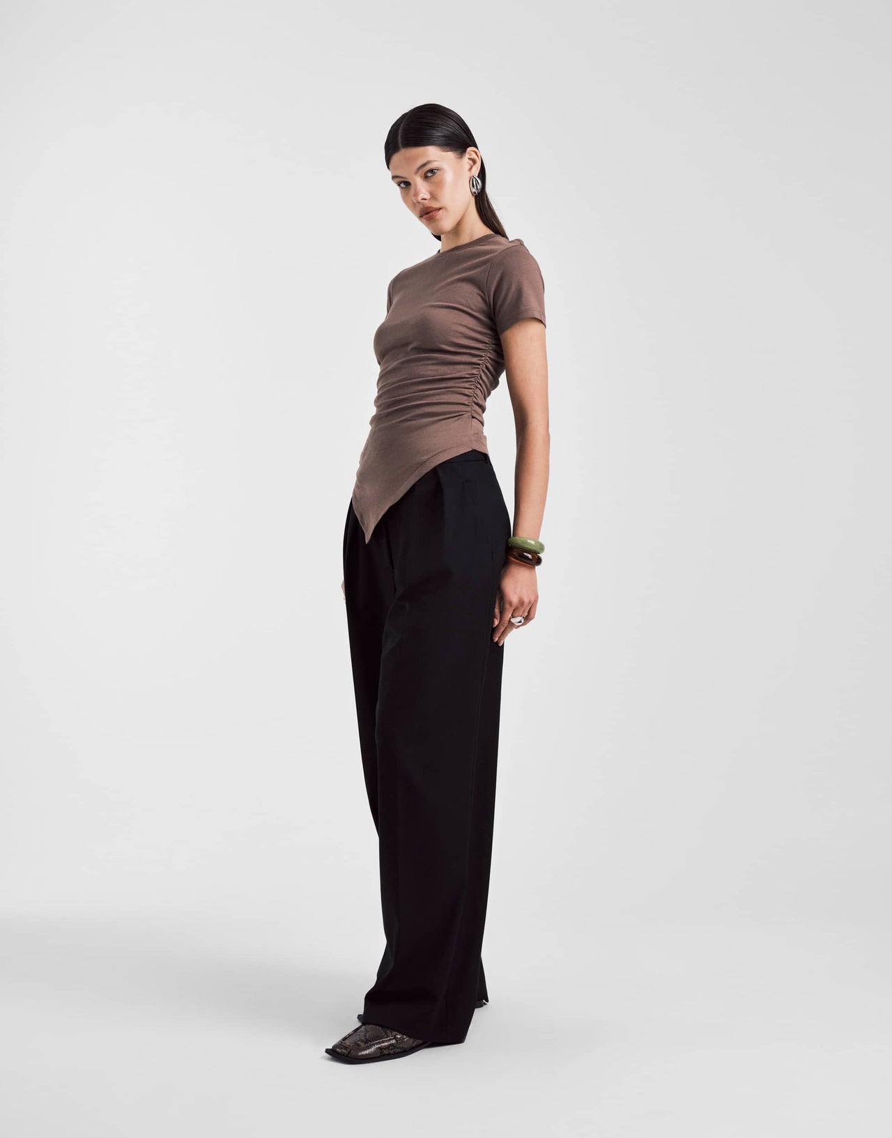 ASOS DESIGN ruched side asymmetric t-shirt in chocolate