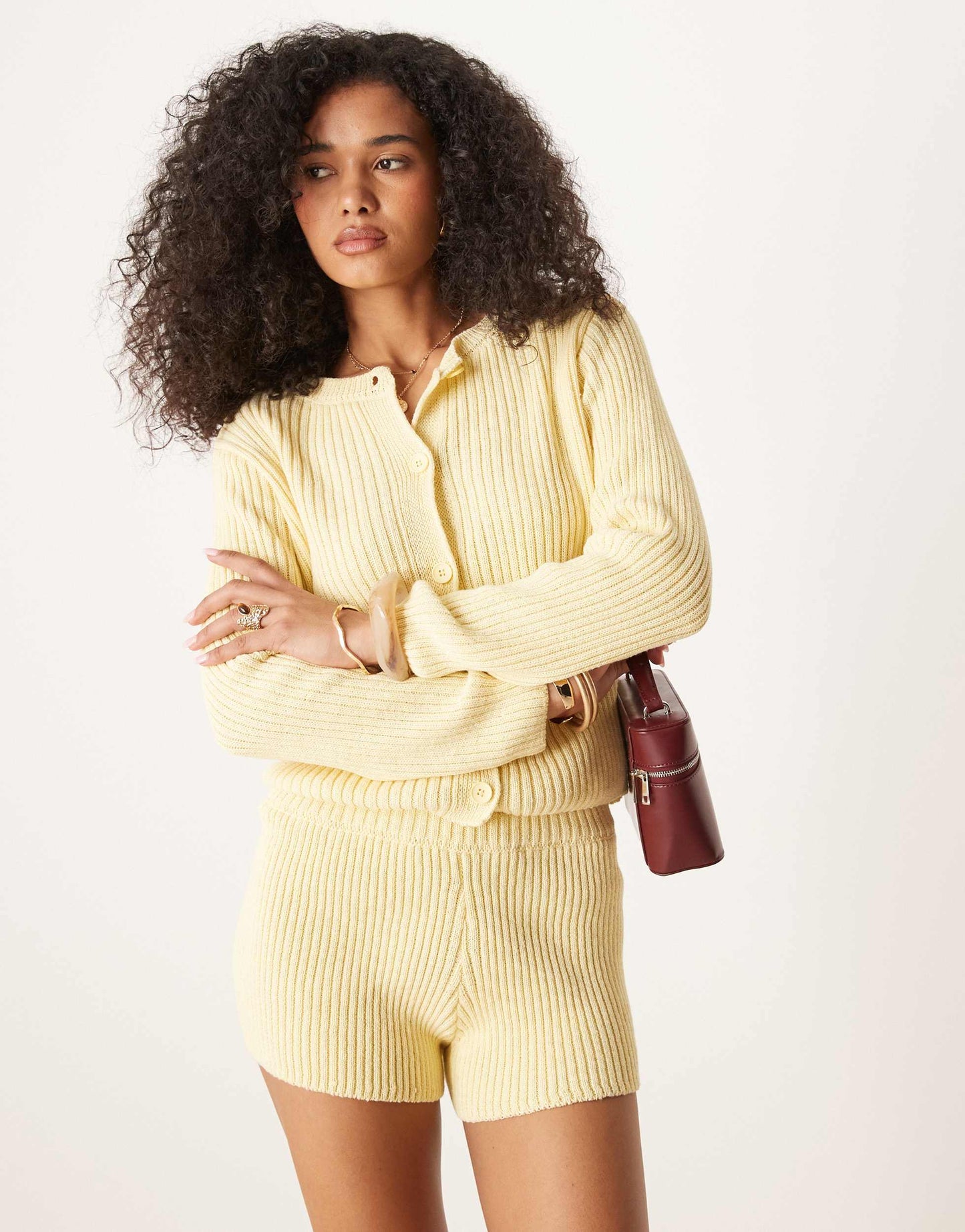 ASOS DESIGN mid rise rib knitted micro short co-ord in yellow