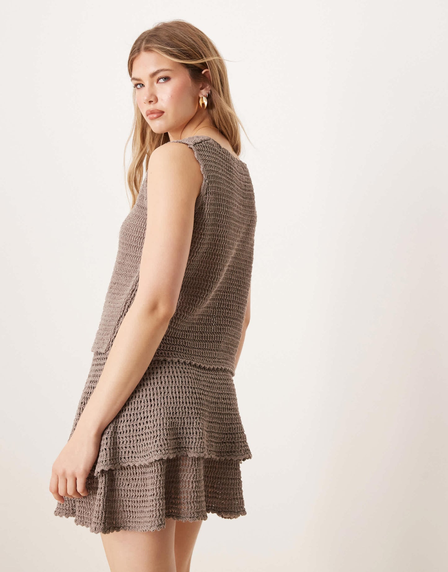 ASOS DESIGN knitted crochet tie front vest co-ord in mocha