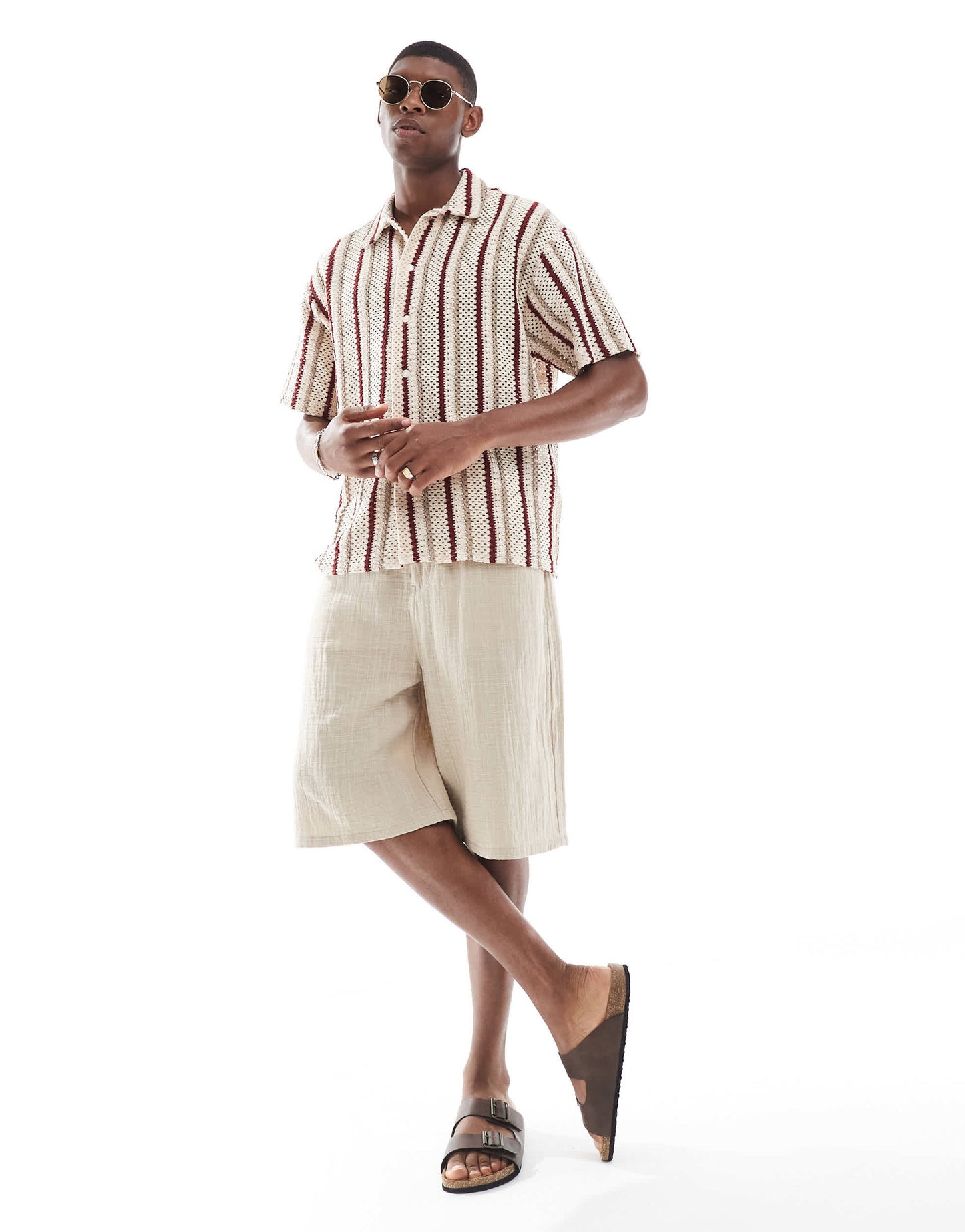 Jack & Jones crochet stripe shirt in beige