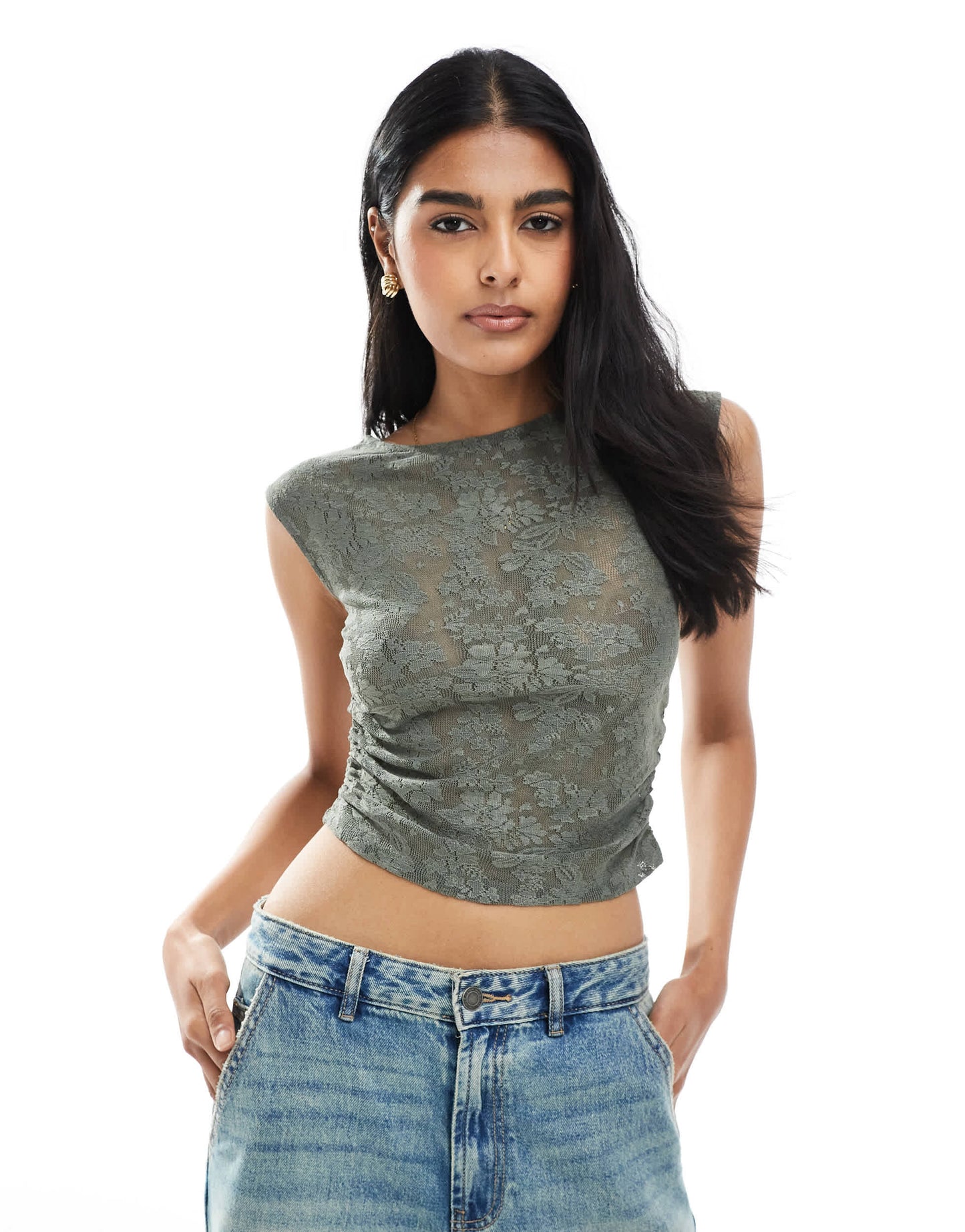 Pull&Bear floral textured ruched side top in khaki
