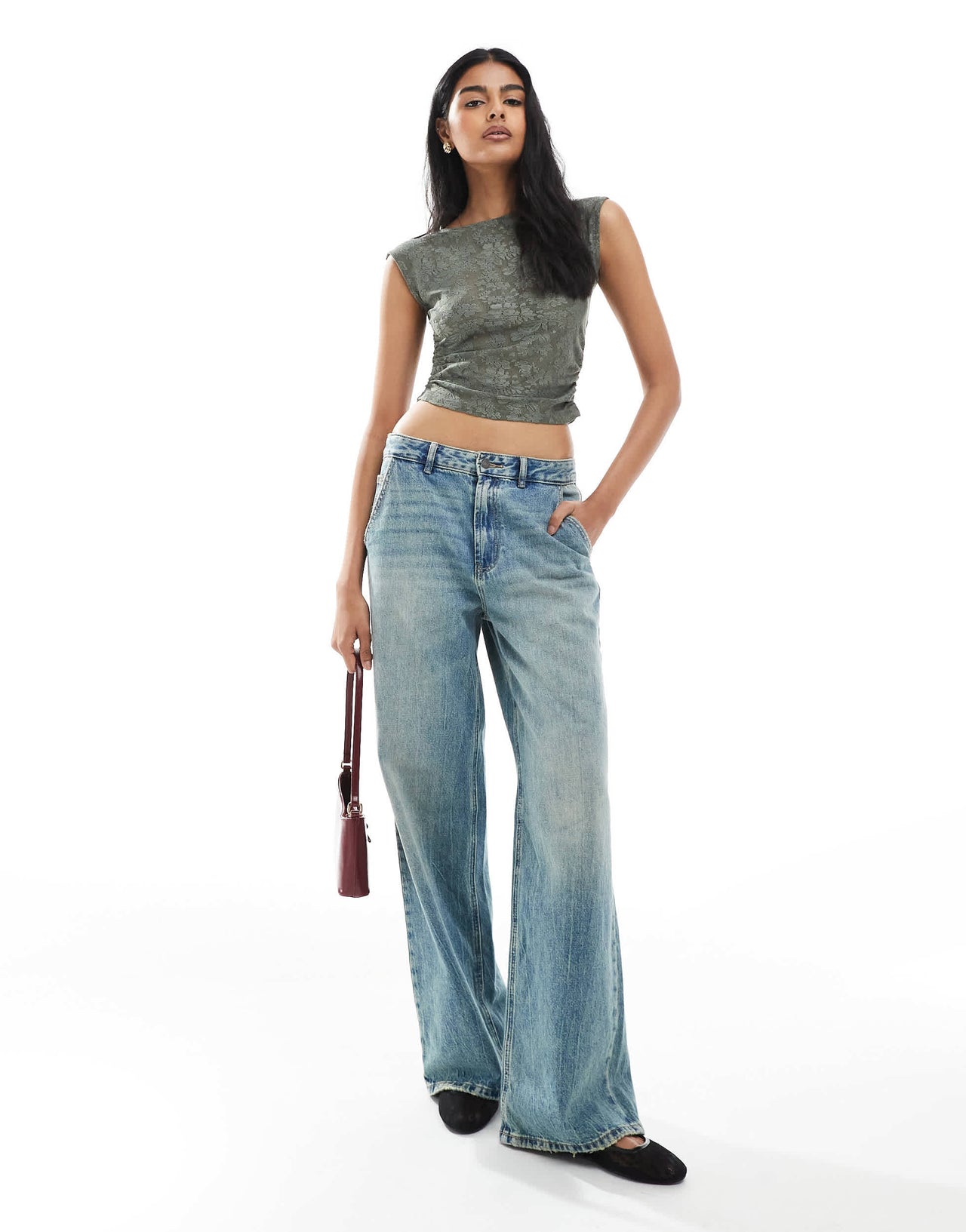 Pull&Bear floral textured ruched side top in khaki