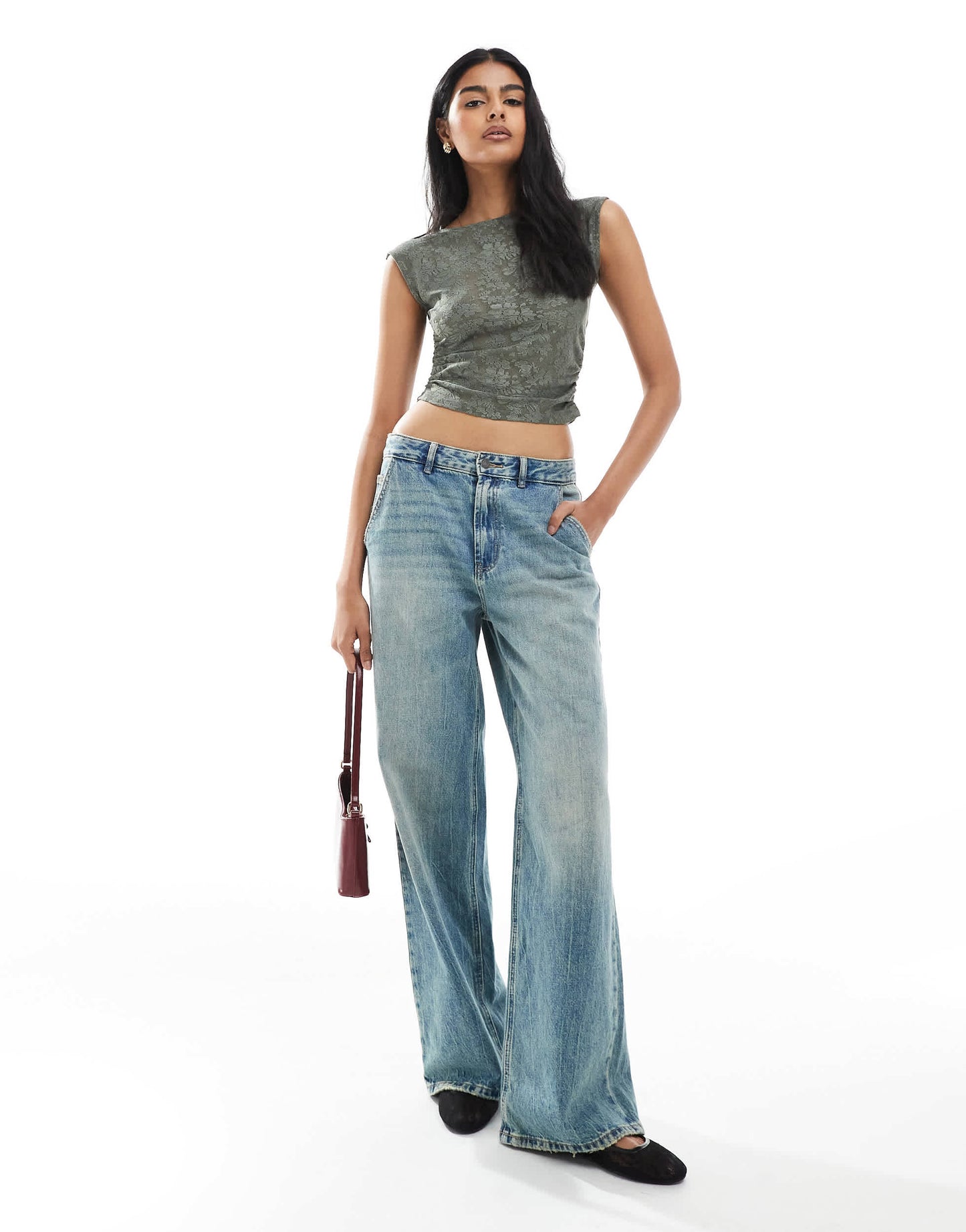 Pull&Bear floral textured ruched side top in khaki
