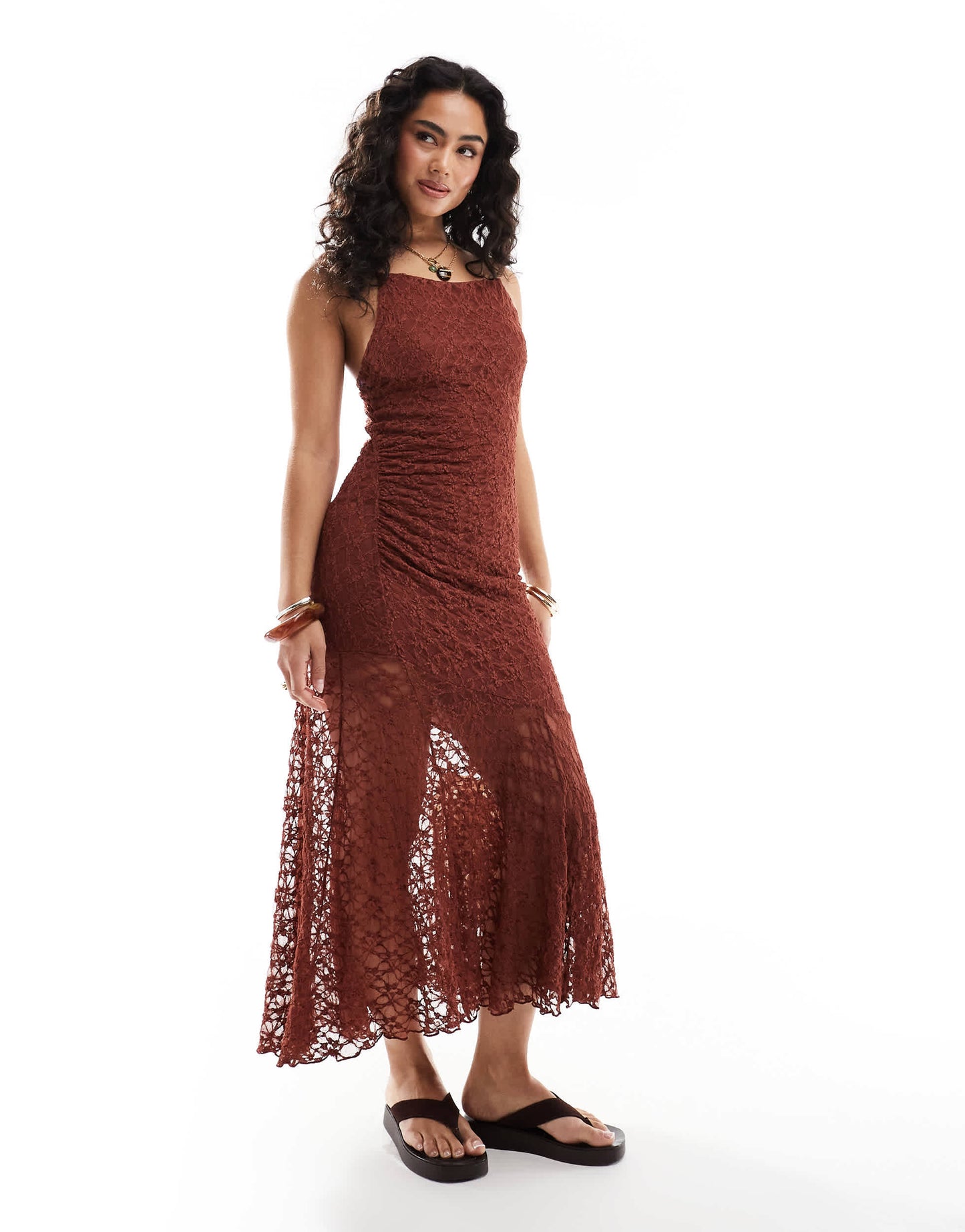 Pull&Bear asymmetric hem lace maxi dress in burnt orange