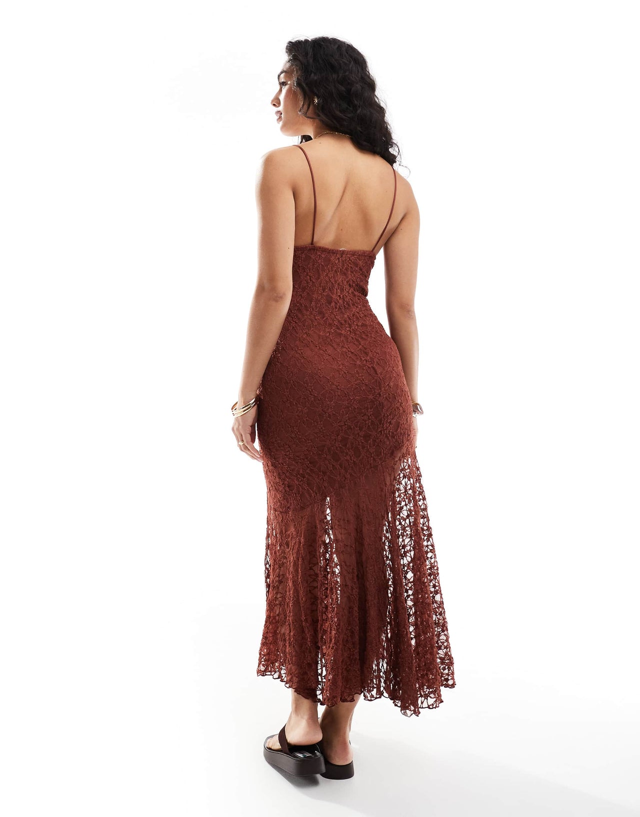 Pull&Bear asymmetric hem lace maxi dress in burnt orange
