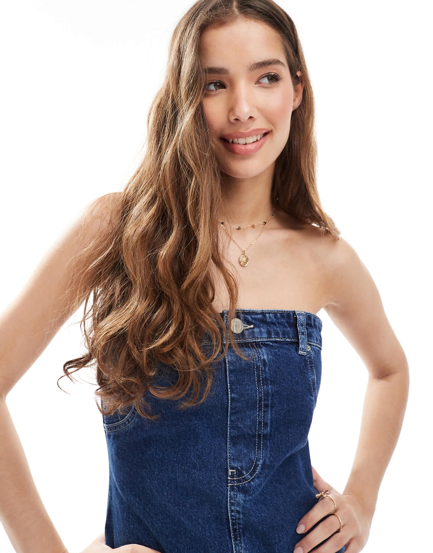 Pull&Bear denim bandeau mini dress in dark blue rinse