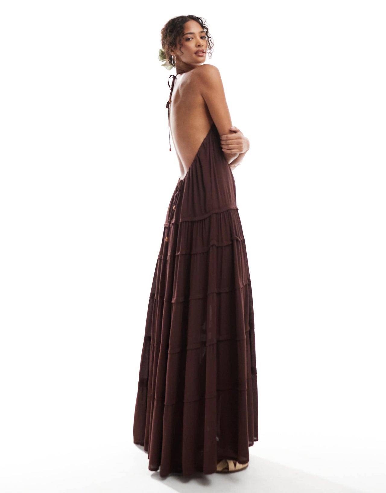 Pull&Bear low back tiered maxi dress in brown