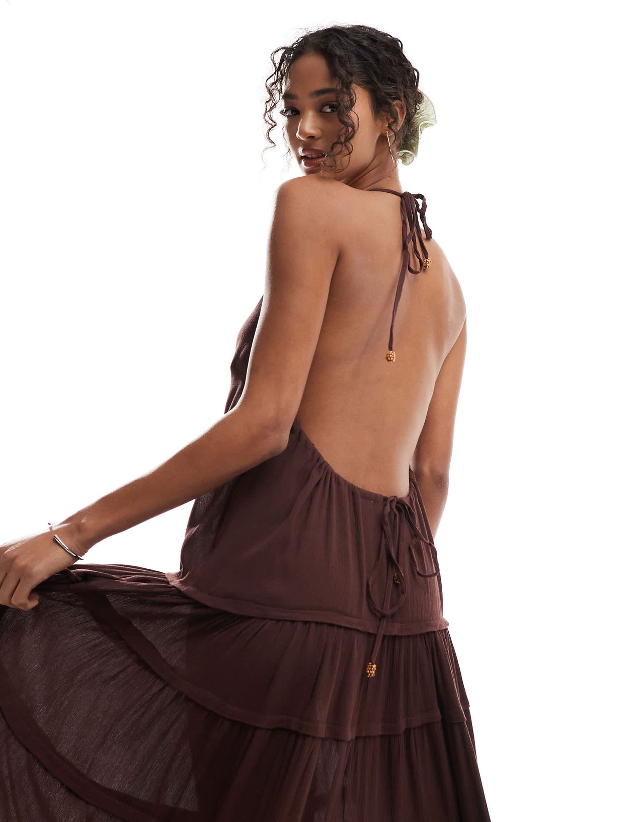 Pull&Bear low back tiered maxi dress in brown