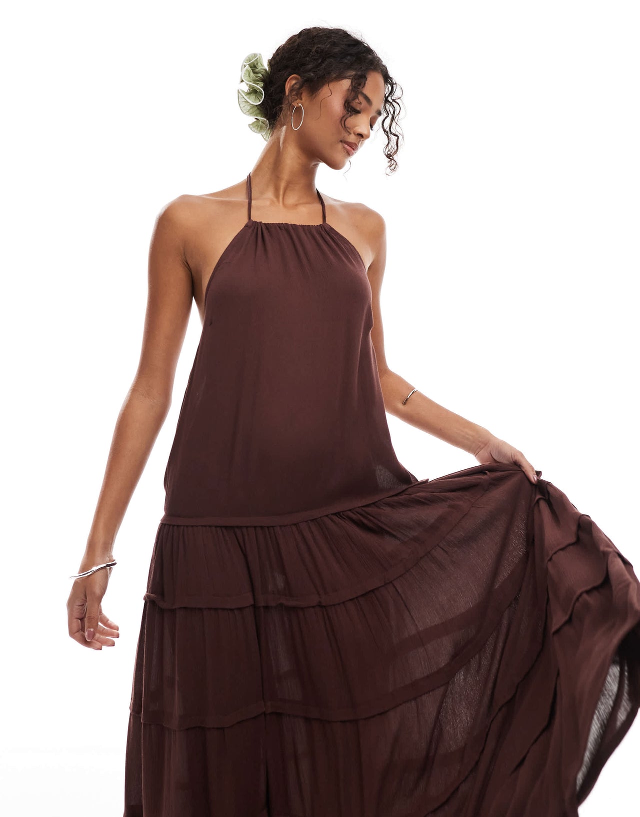 Pull&Bear low back tiered maxi dress in brown