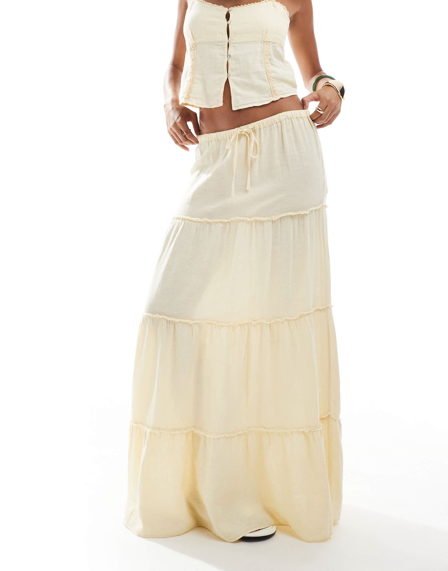 Pull&Bear tiered maxi skirt co-ord in buttermilk yellow