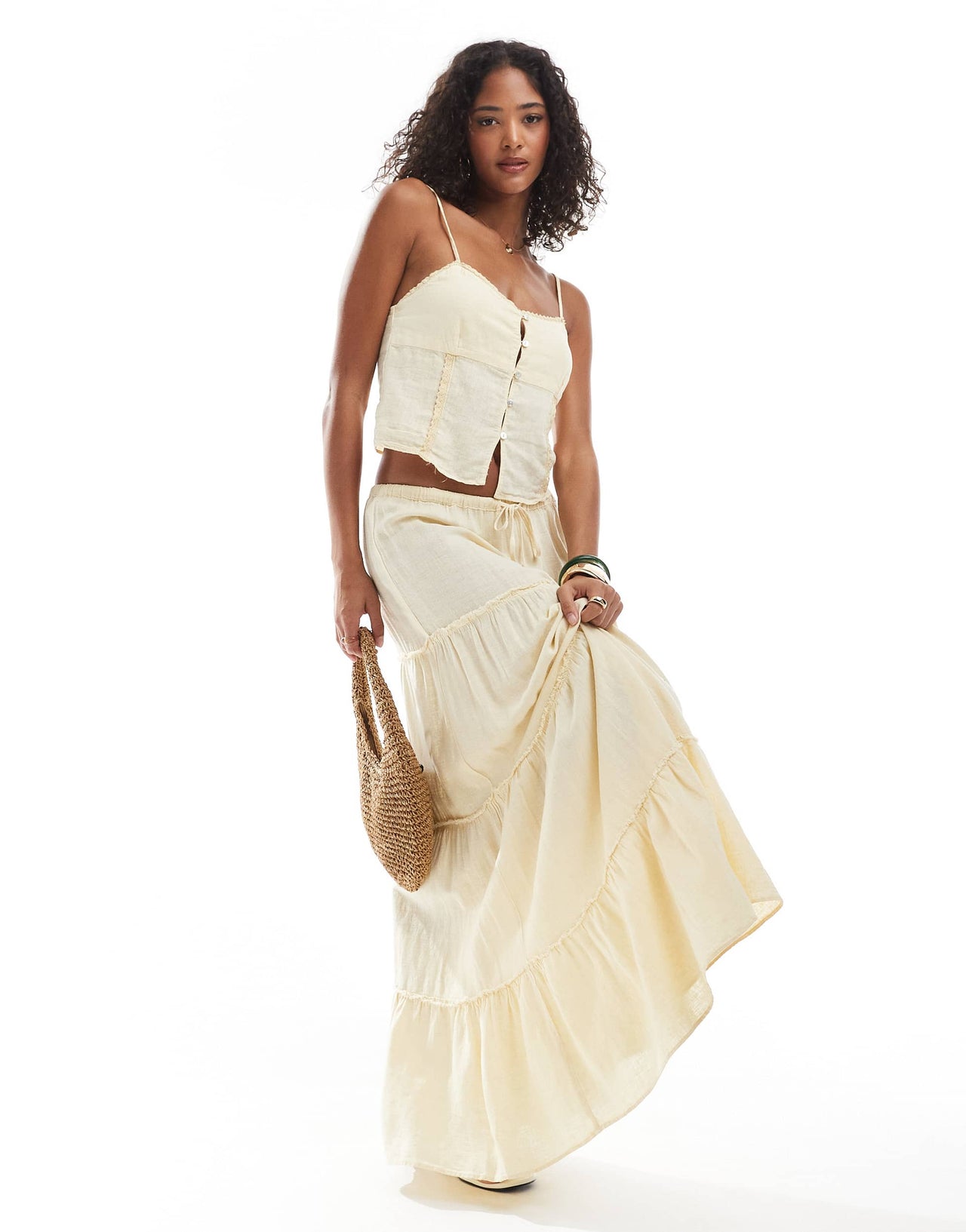 Pull&Bear lace trim cami co-ord in buttermilk yellow