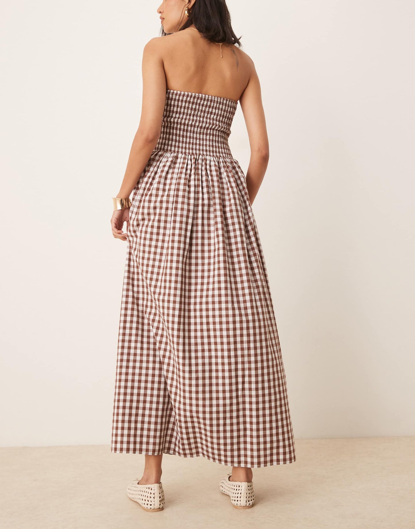 ASOS DESIGN shirred tie front bandeau maxi dress in chocolate gingham