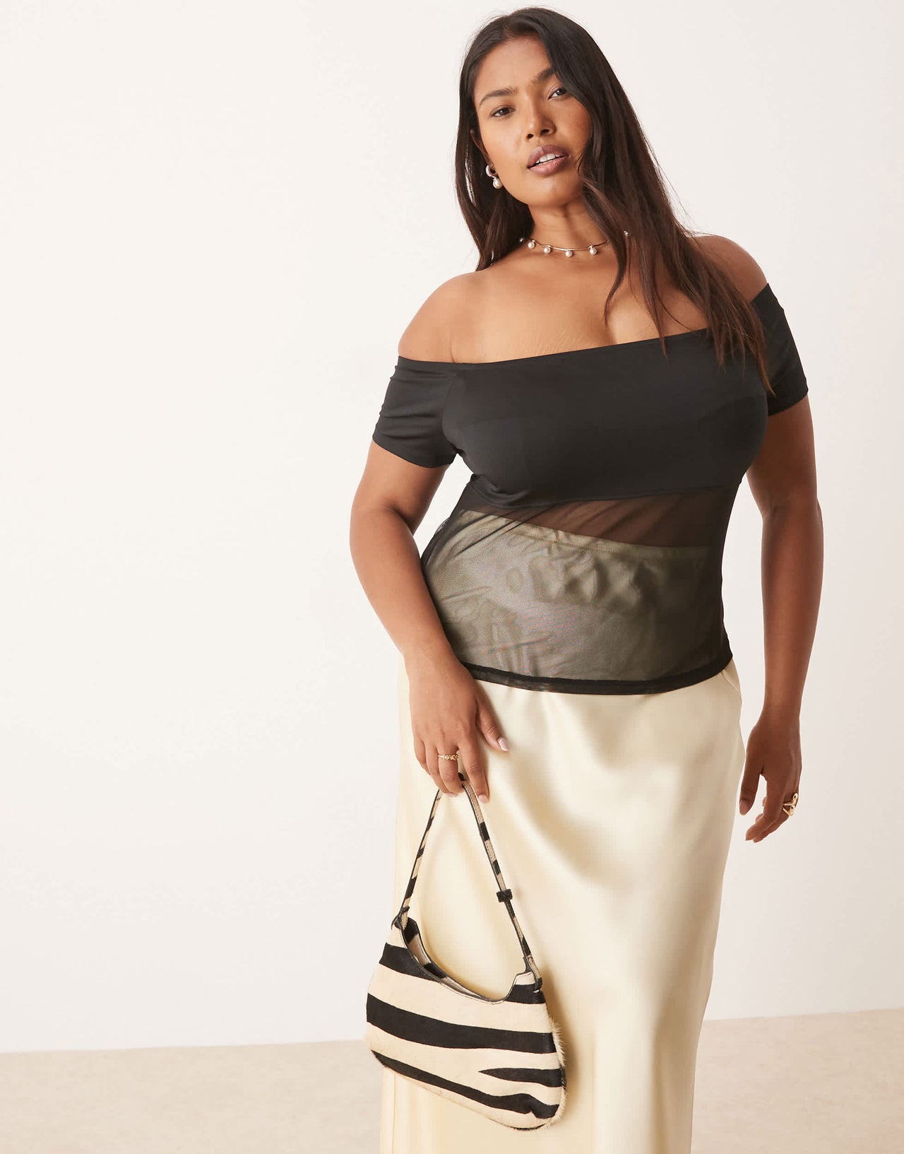 ASOS DESIGN Curve bardot mesh mix panel top in black