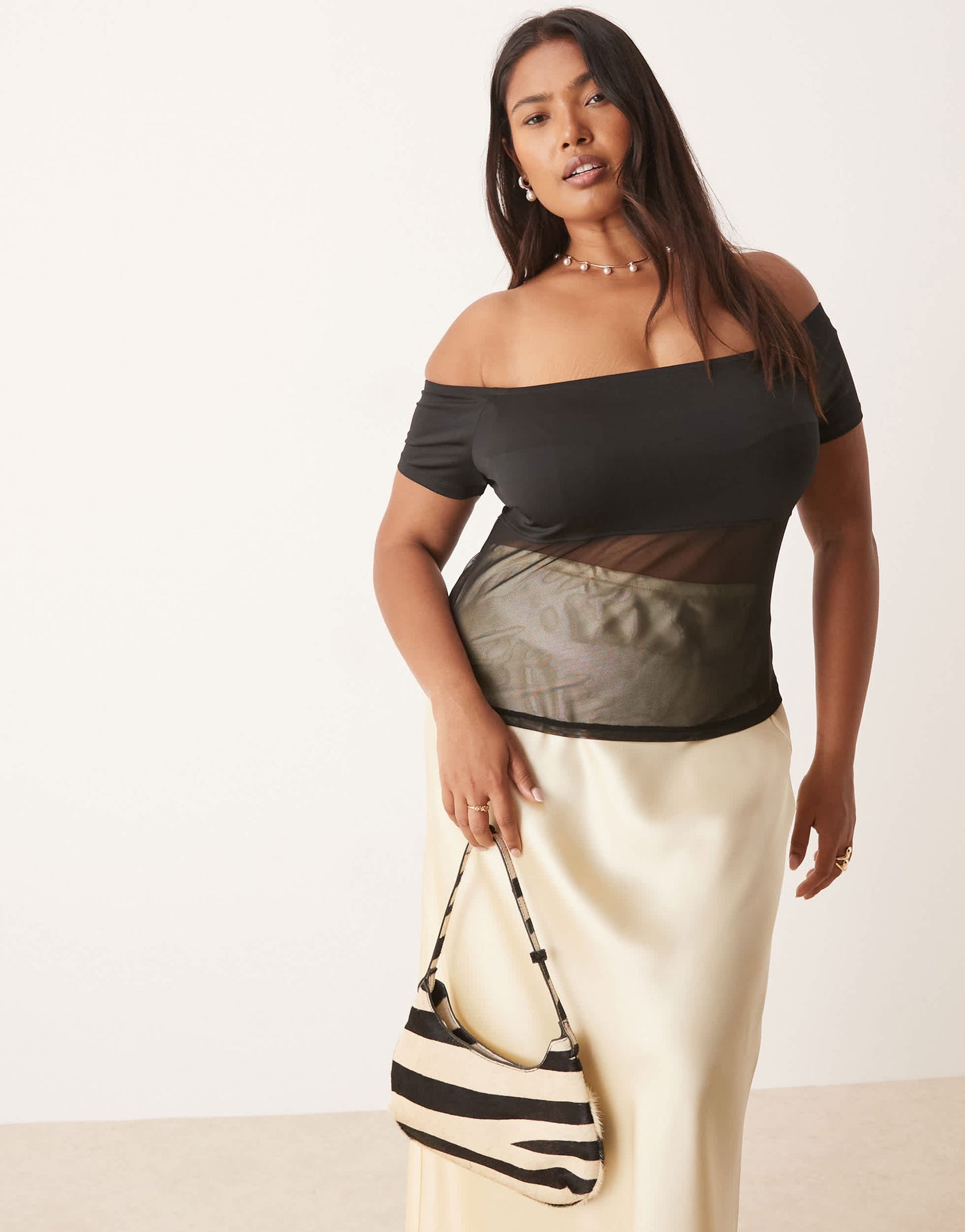 ASOS DESIGN Curve bardot mesh mix panel top in black