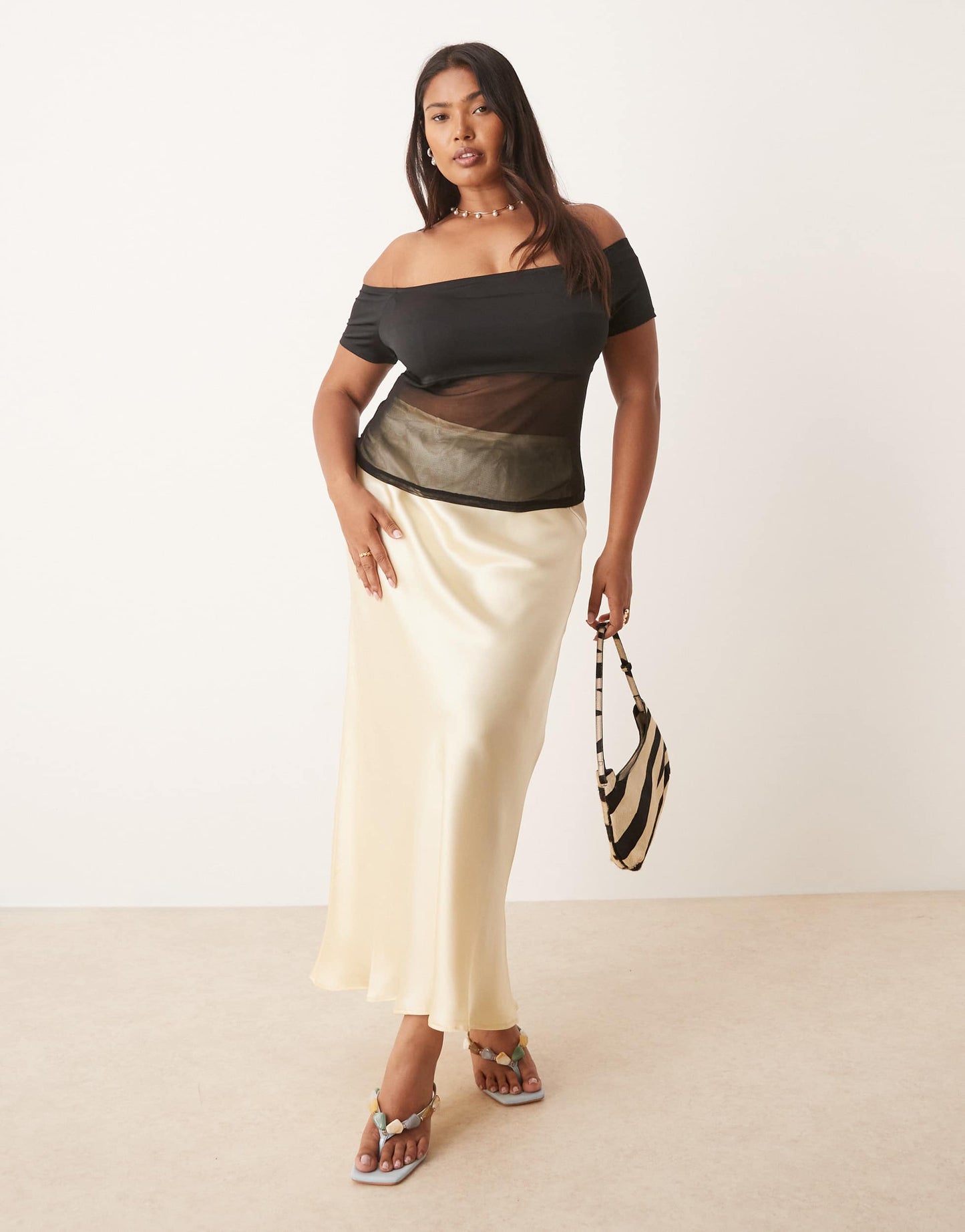 ASOS DESIGN Curve bardot mesh mix panel top in black