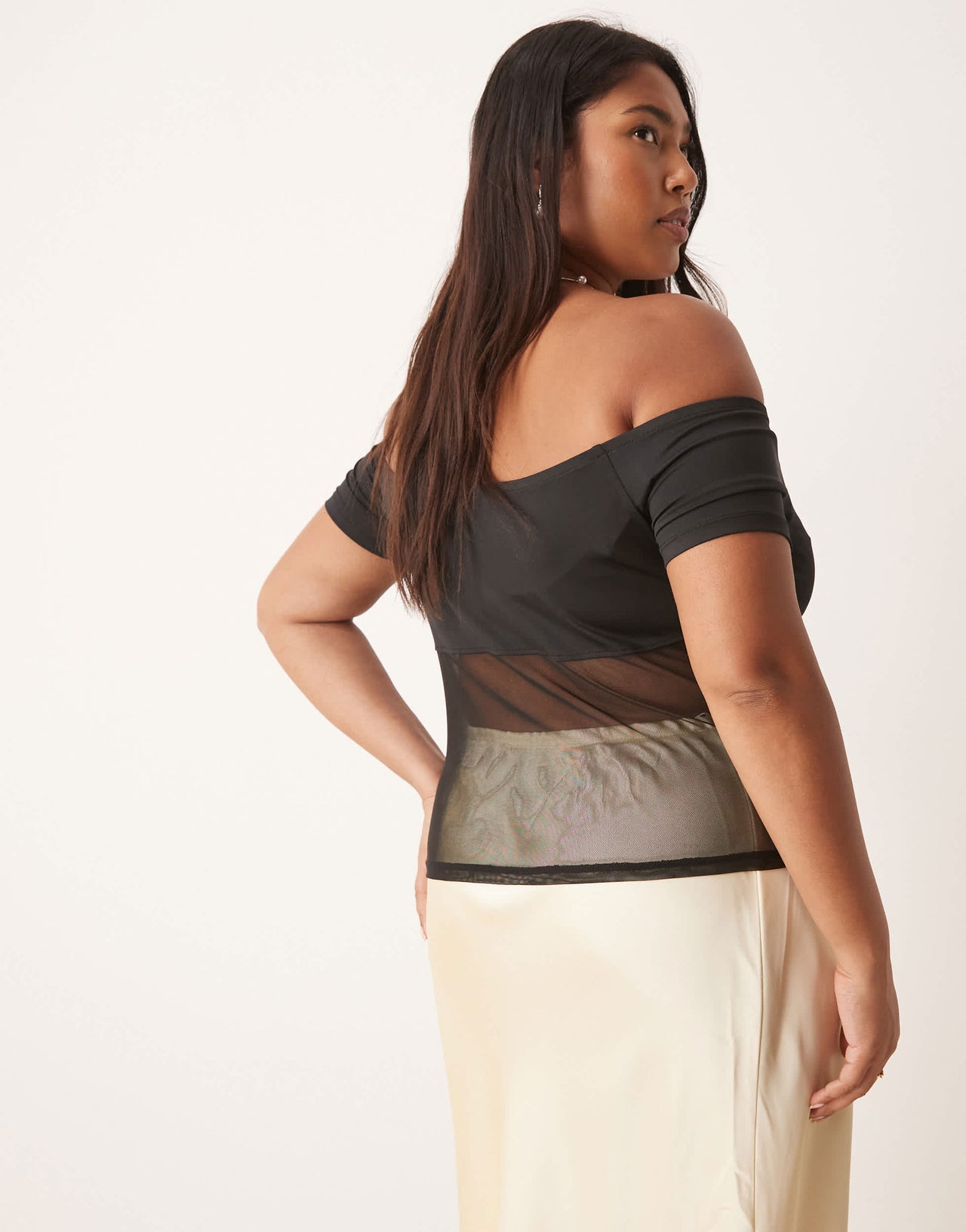 ASOS DESIGN Curve bardot mesh mix panel top in black