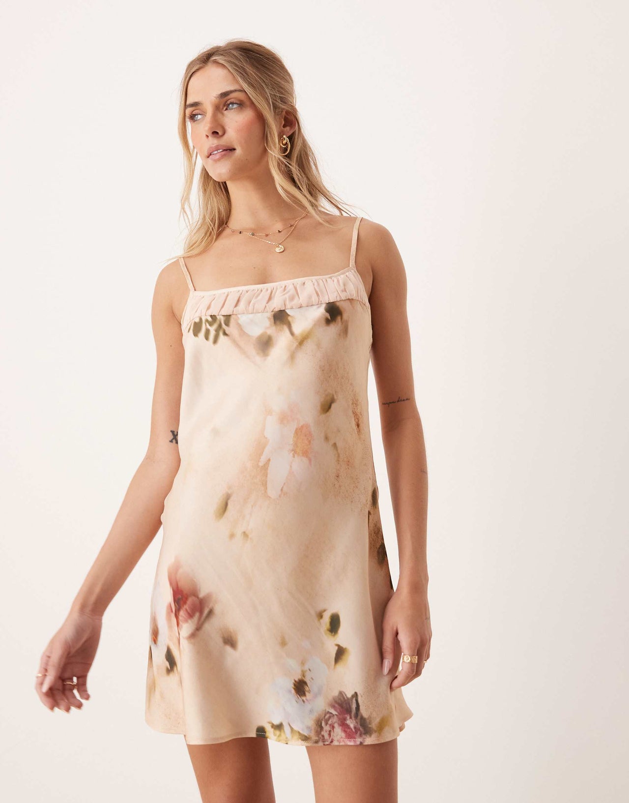ASOS DESIGN cami floral with ruched bust detail mini dress in dusky pink floral