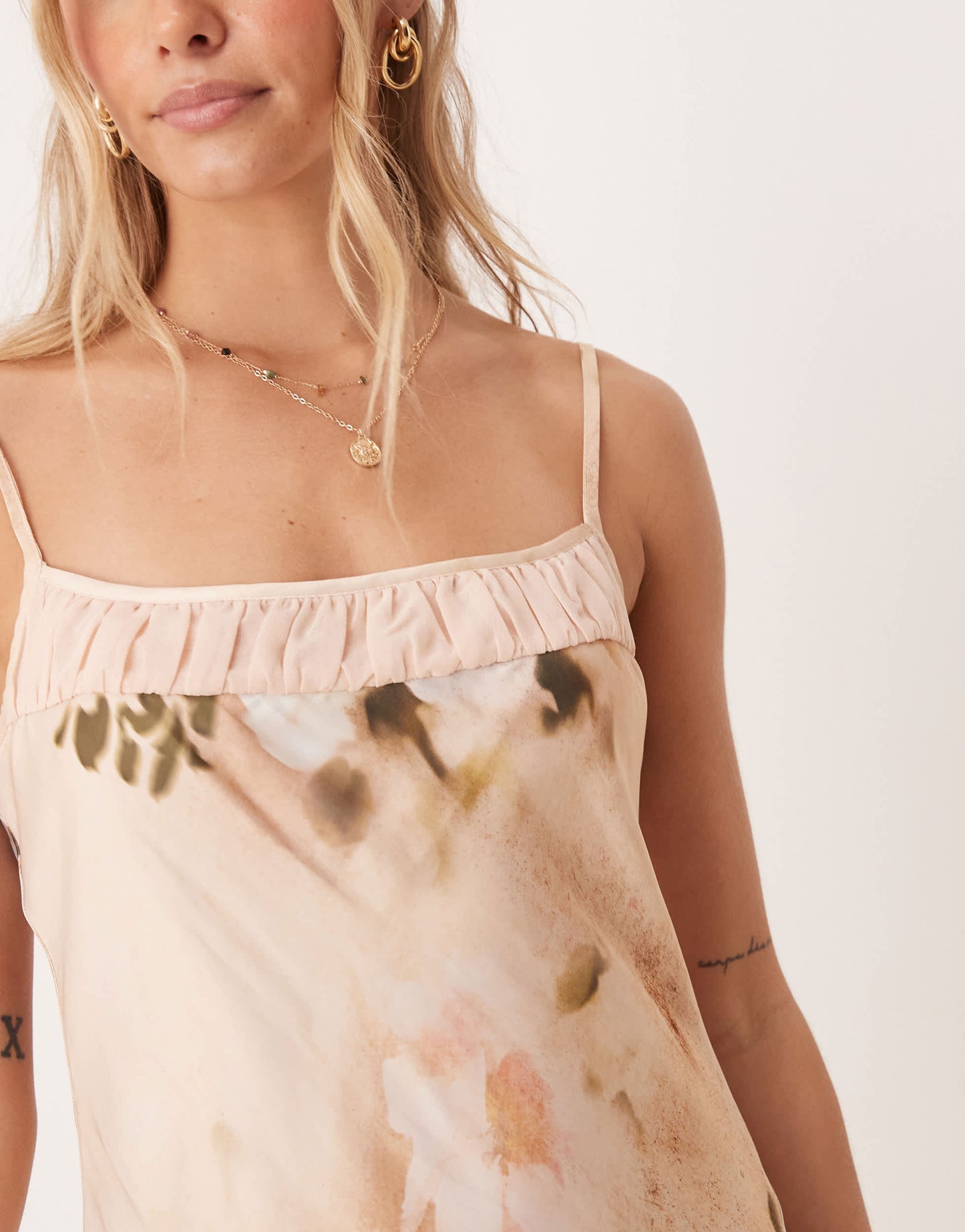 ASOS DESIGN cami floral with ruched bust detail mini dress in dusky pink floral