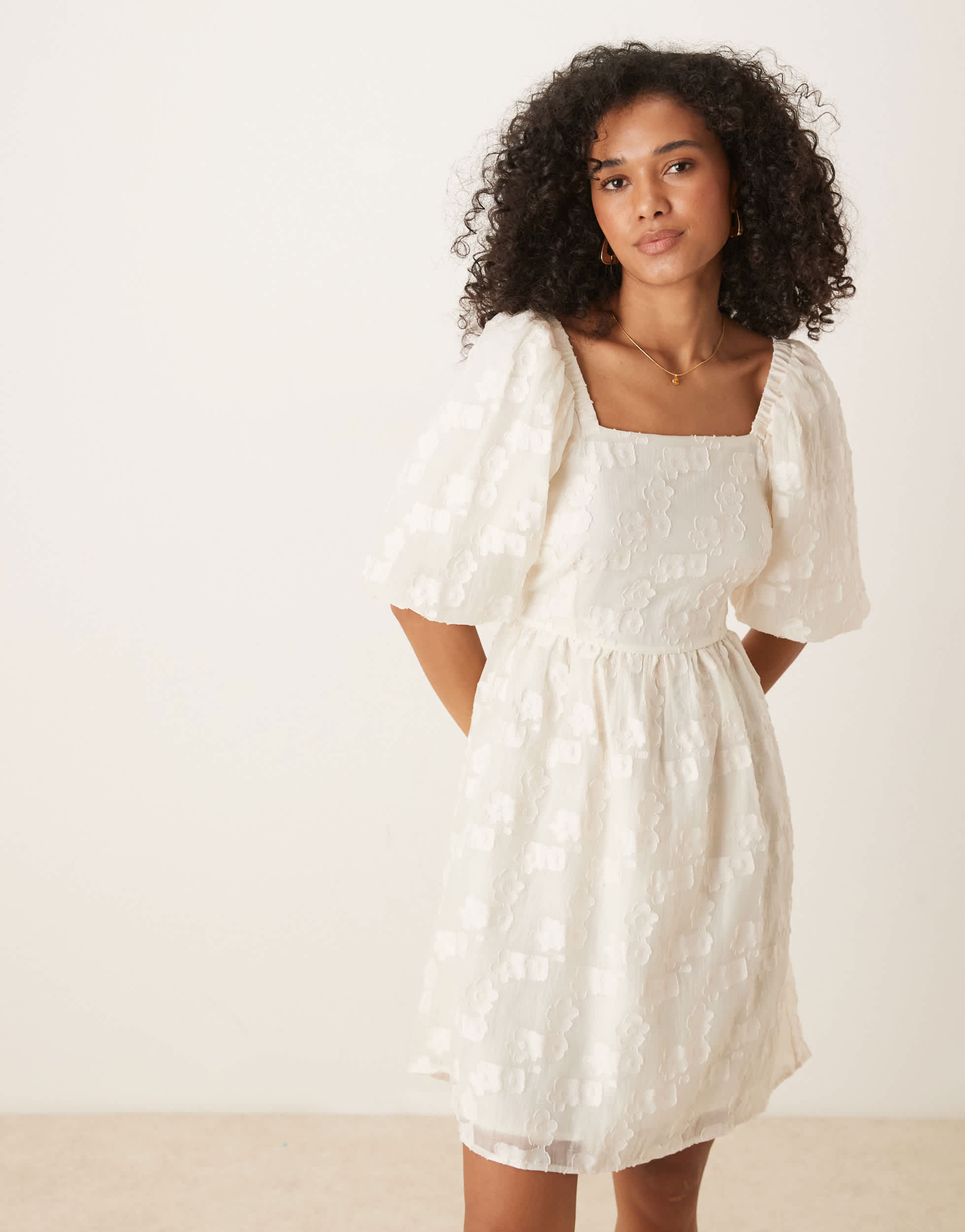 YAS jacquard mini dress with puff sleeves in cream