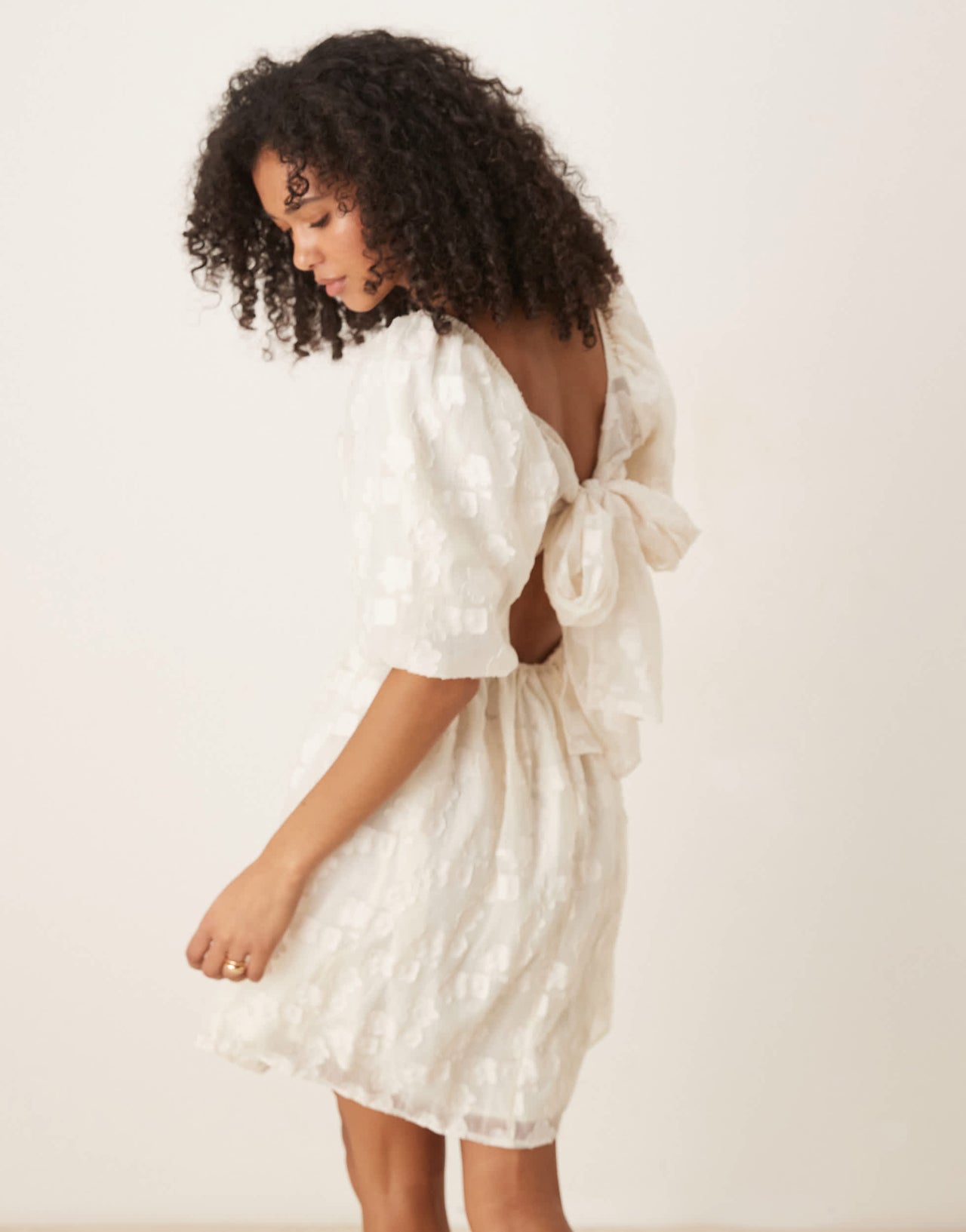 YAS jacquard mini dress with puff sleeves in cream