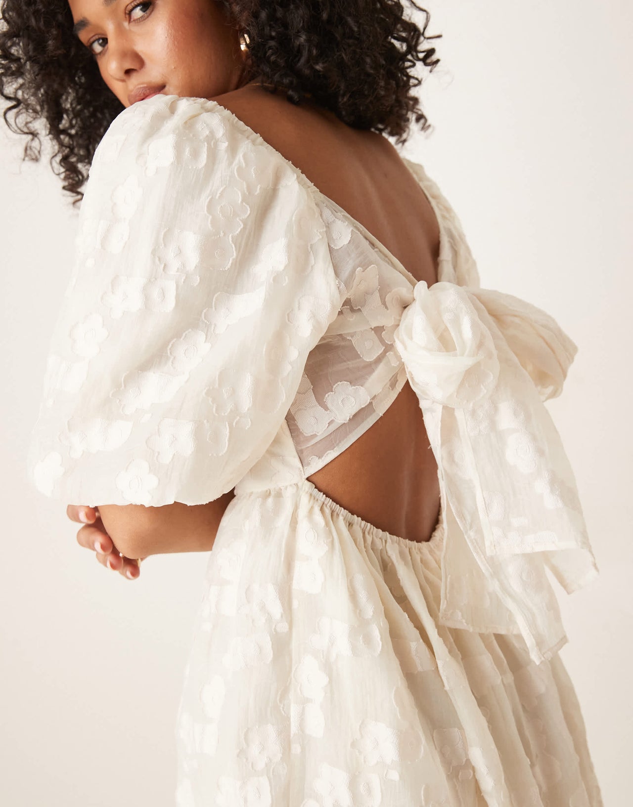 YAS jacquard mini dress with puff sleeves in cream