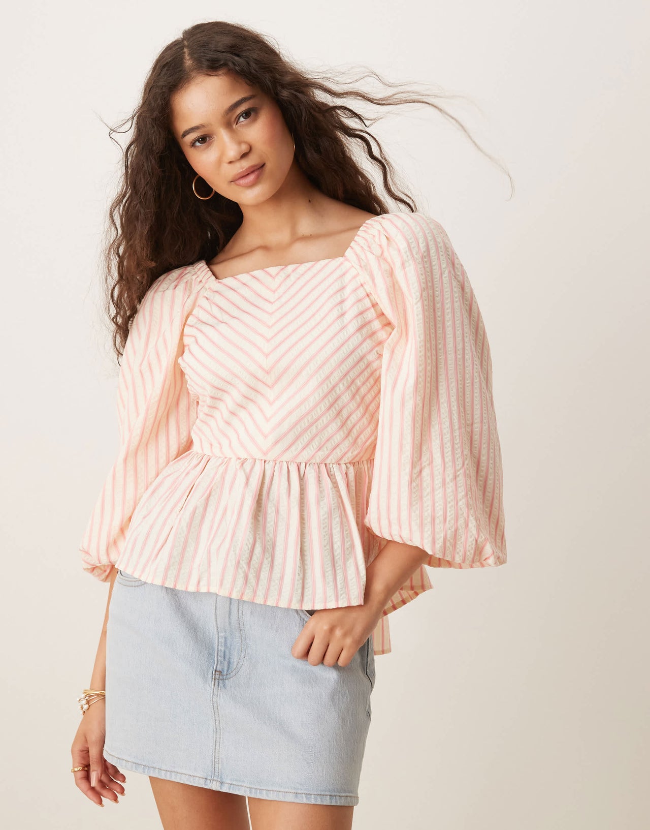 YAS tie back puff sleeve peplum hem top in pink and cream stripe