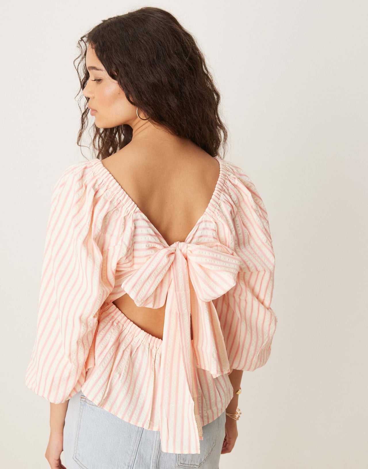 YAS tie back puff sleeve peplum hem top in pink and cream stripe