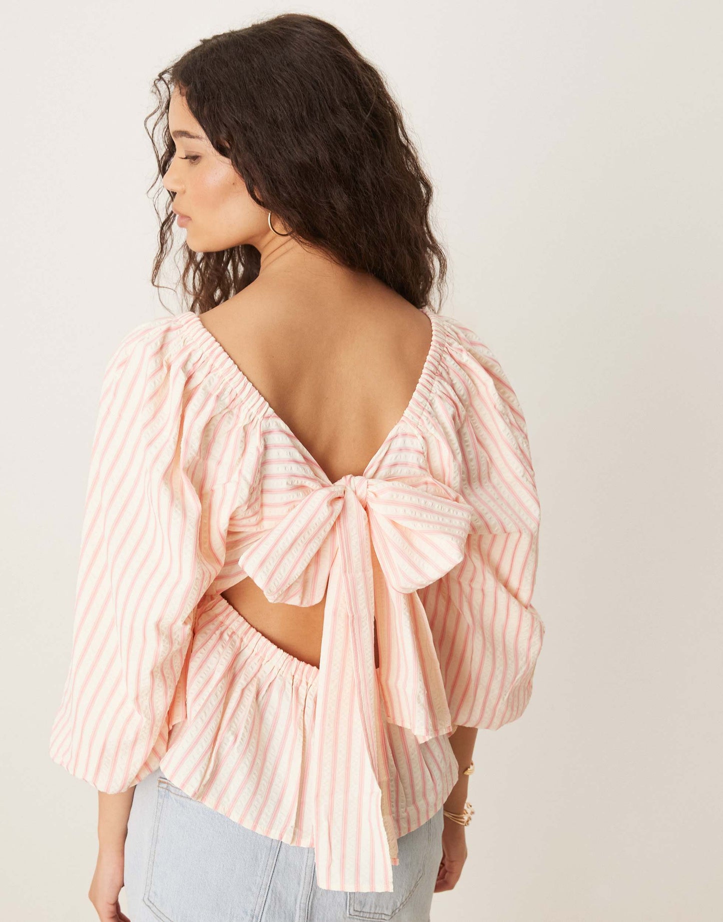 YAS tie back puff sleeve peplum hem top in pink and cream stripe