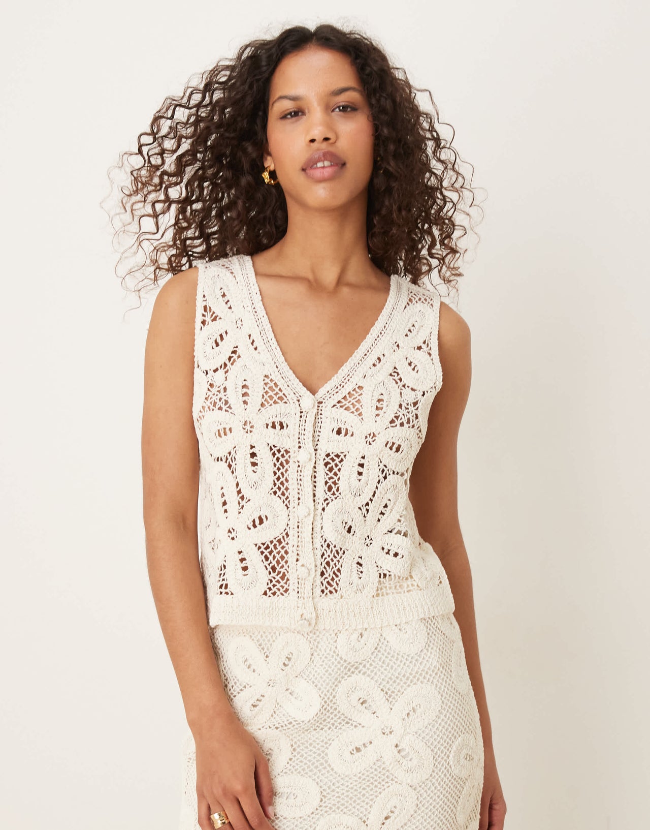 YAS premium floral crochet knitted waistcoat co-ord in cream