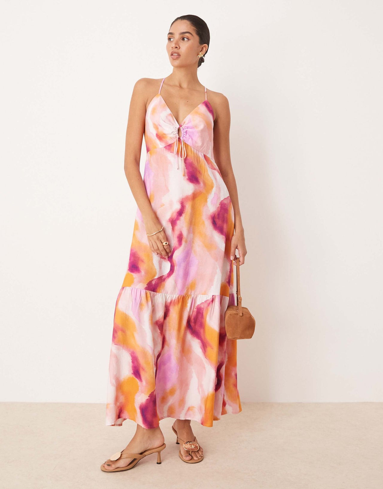 YAS strap detail maxi dress in pink blur print