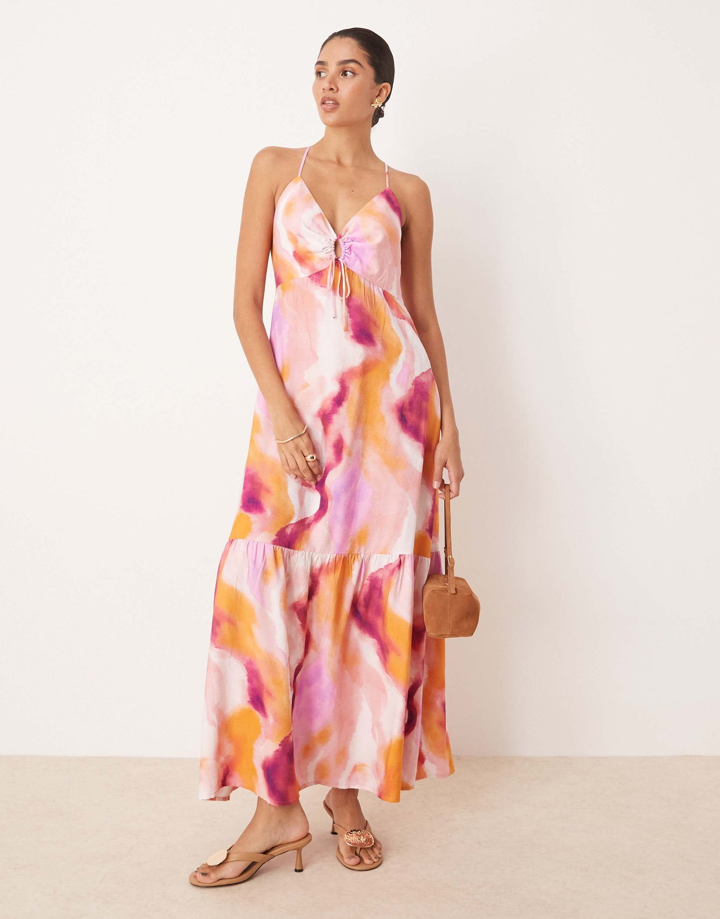 YAS strap detail maxi dress in pink blur print