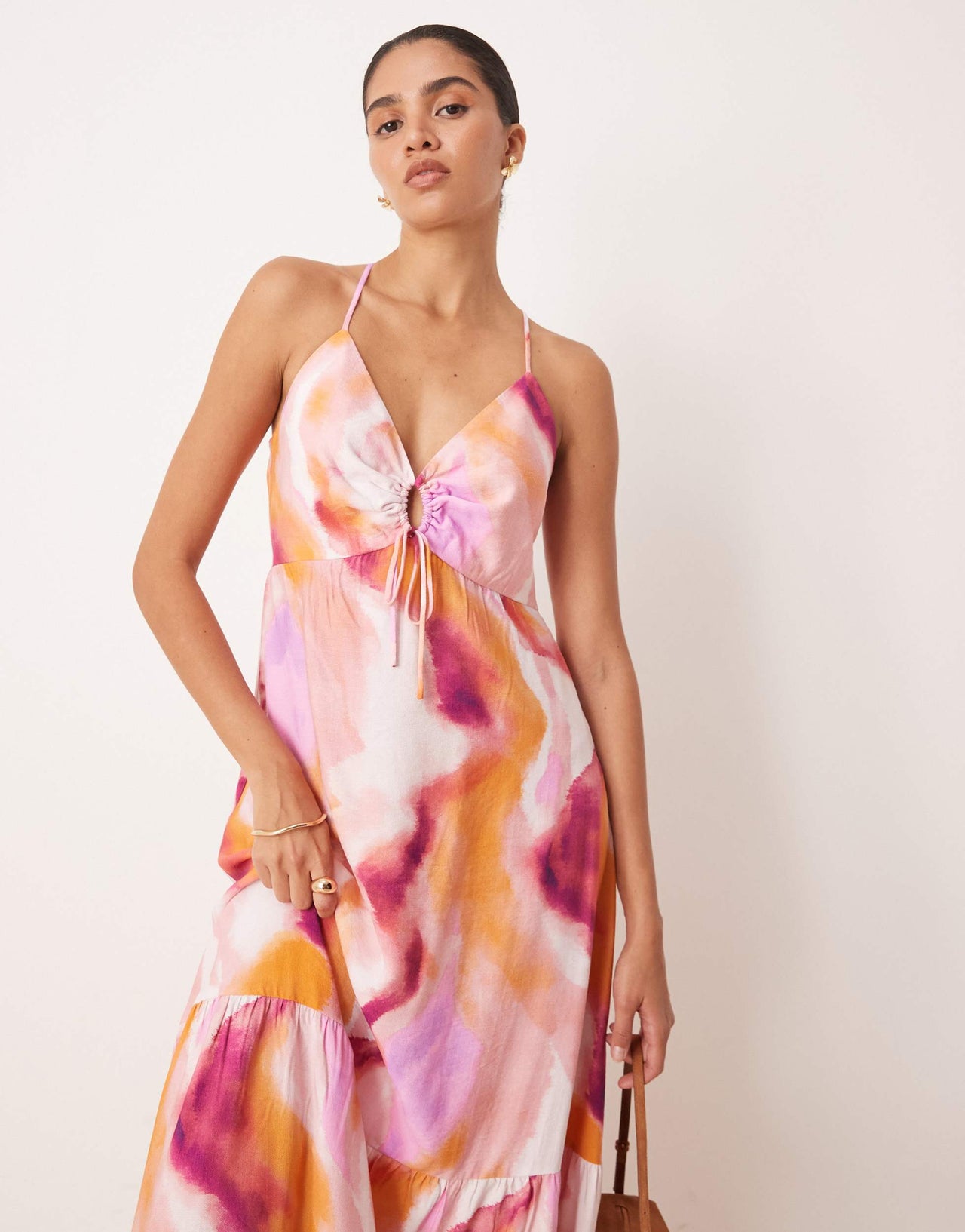 YAS strap detail maxi dress in pink blur print