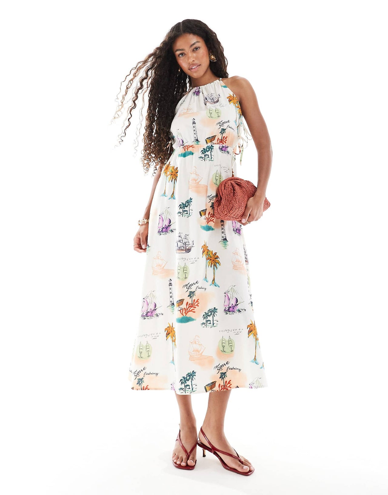 Object halterneck midi dress with tie side detail in warm postcard print