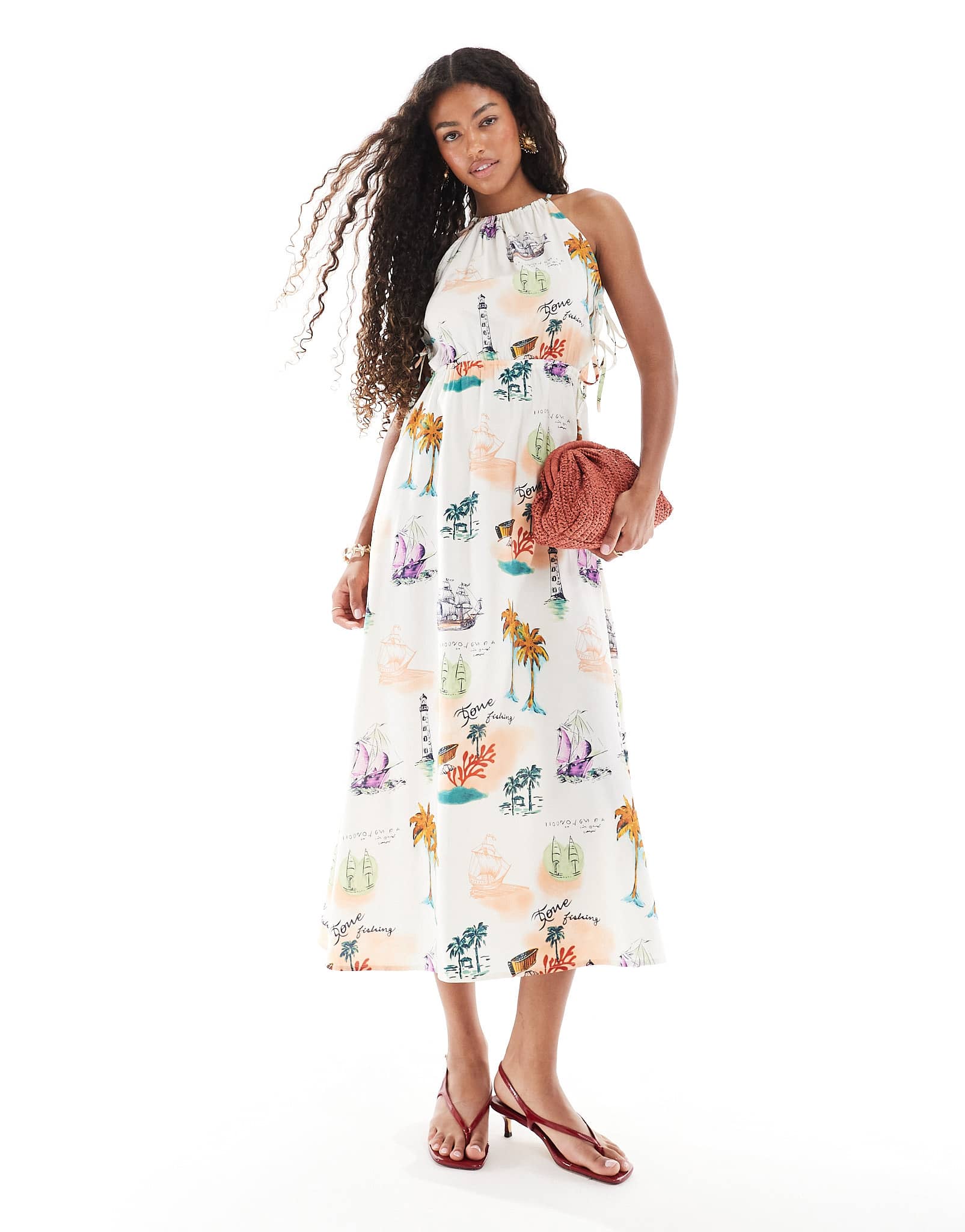 Object halterneck midi dress with tie side detail in warm postcard print