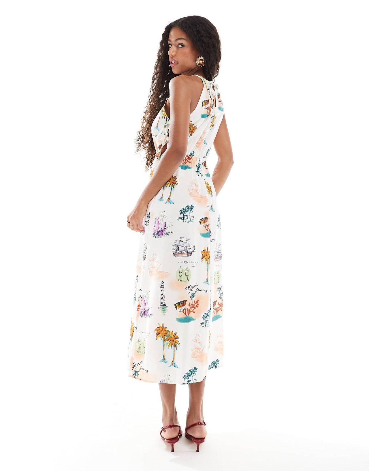 Object halterneck midi dress with tie side detail in warm postcard print