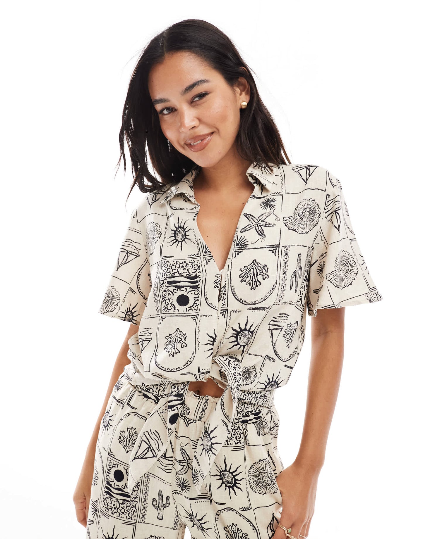 Object tie front shirt co-ord in mono shell print