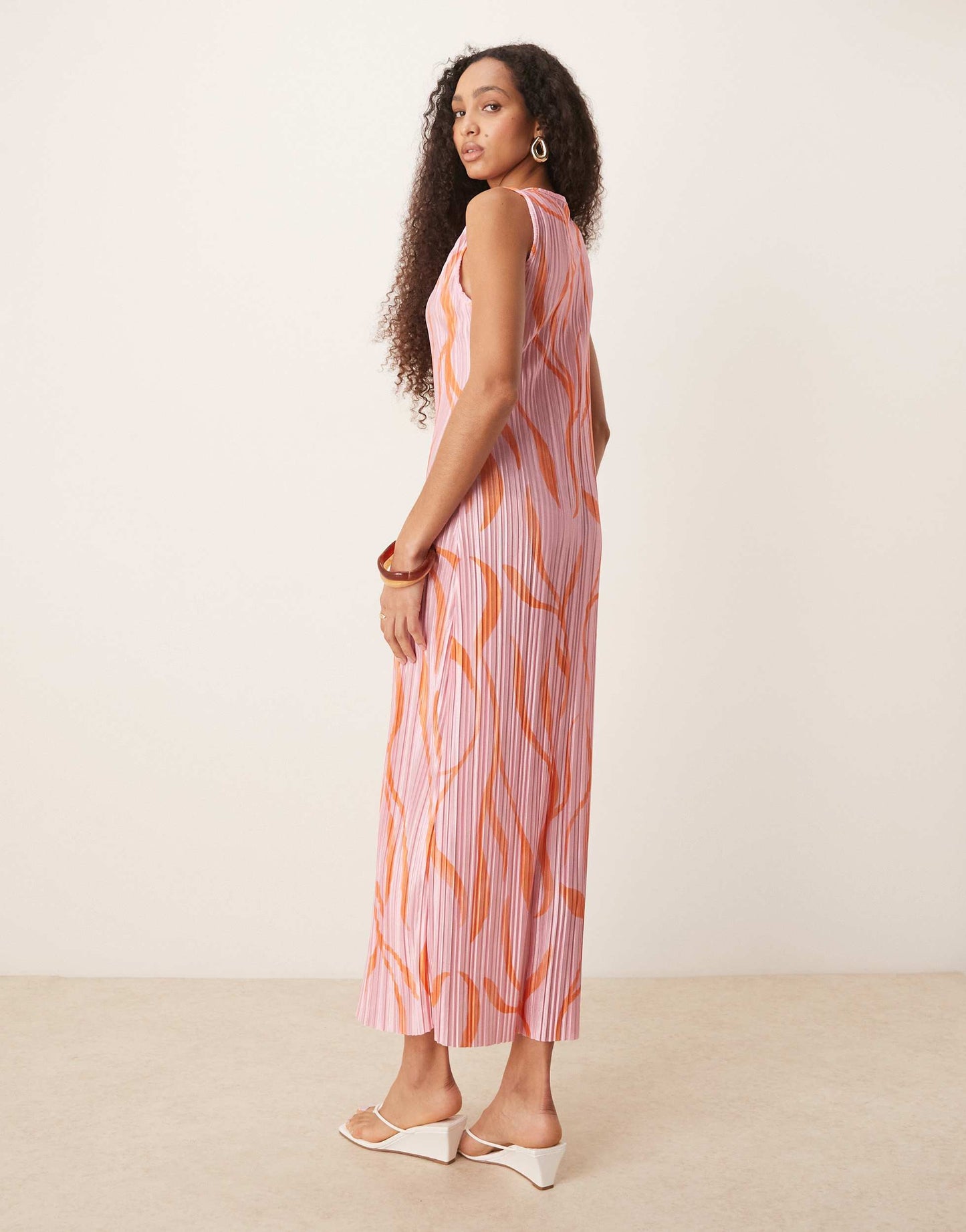 ASOS DESIGN plisse sleeveless midi dress in pink swirl print