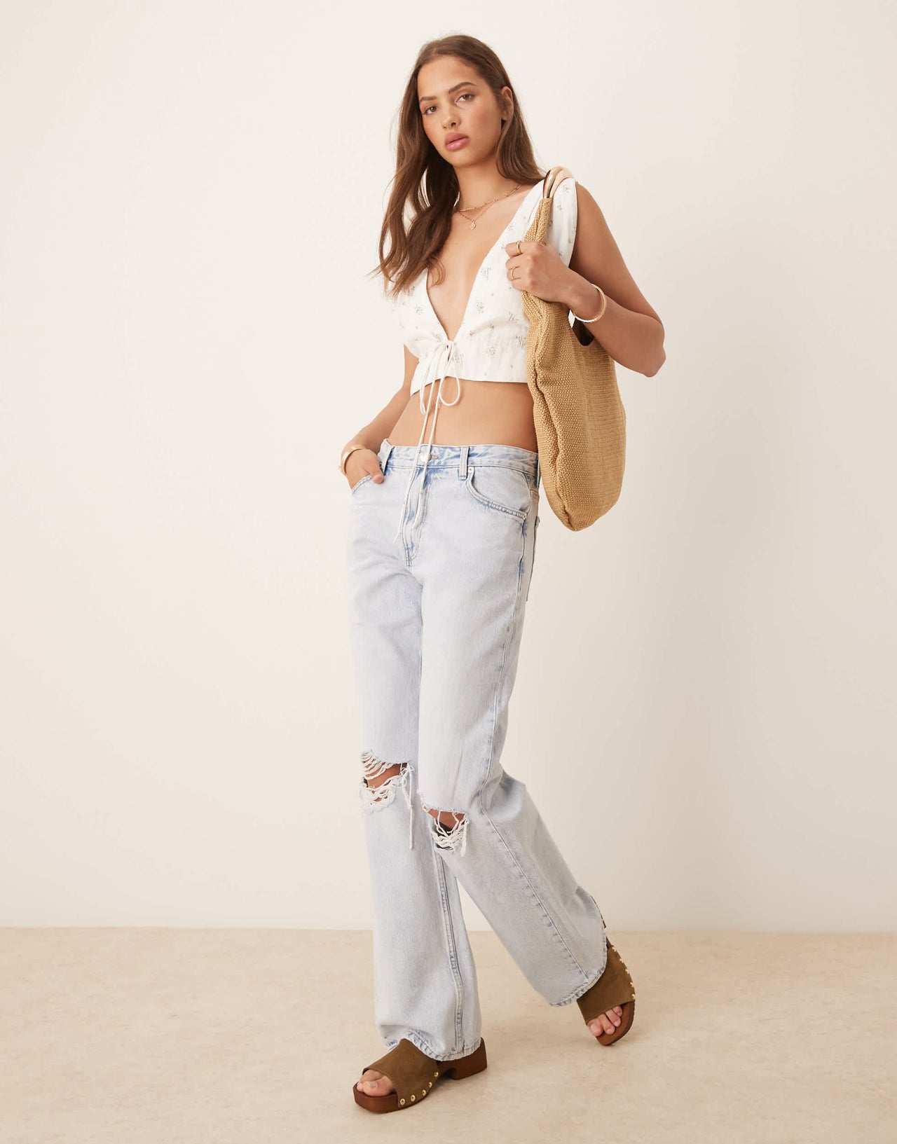 Esmee Exclusive tie front beach crop top in white ditsy print